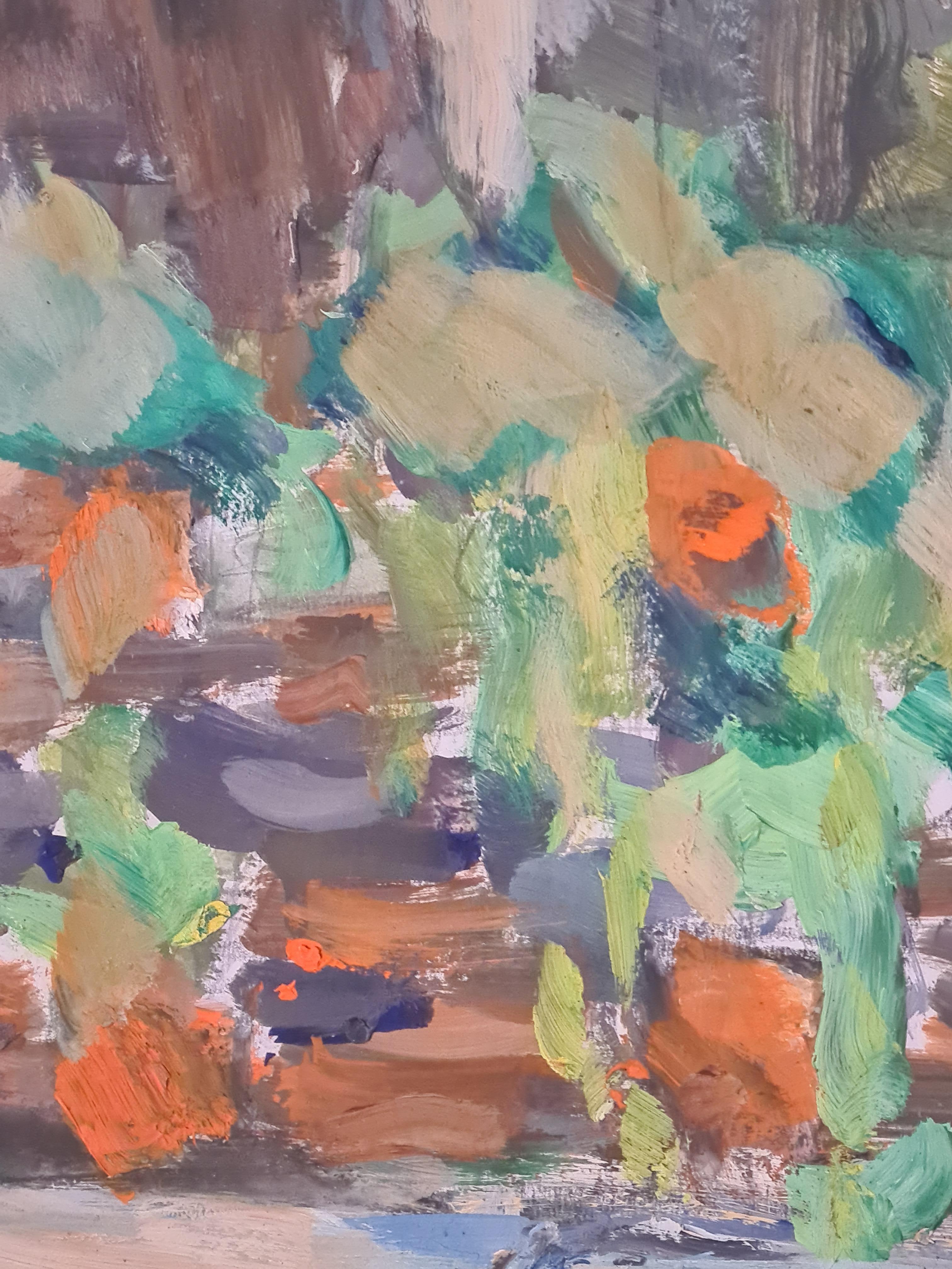 Vista sul giardino del cortile francese, I Gerani. - Painting Moderno di Claude Gemy