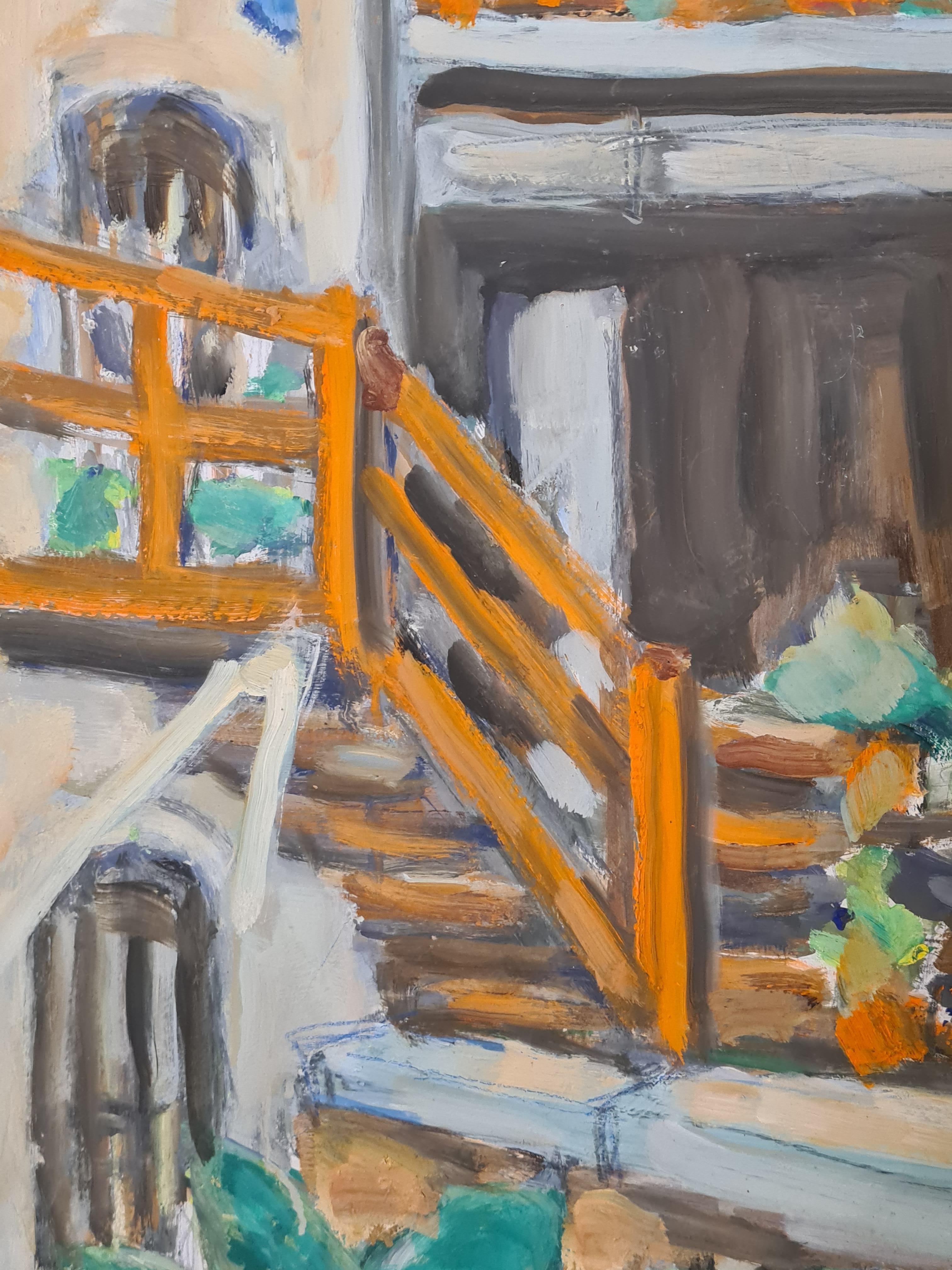 Vista sul giardino del cortile francese, I Gerani. - Landscape Painting Marrone di Claude Gemy