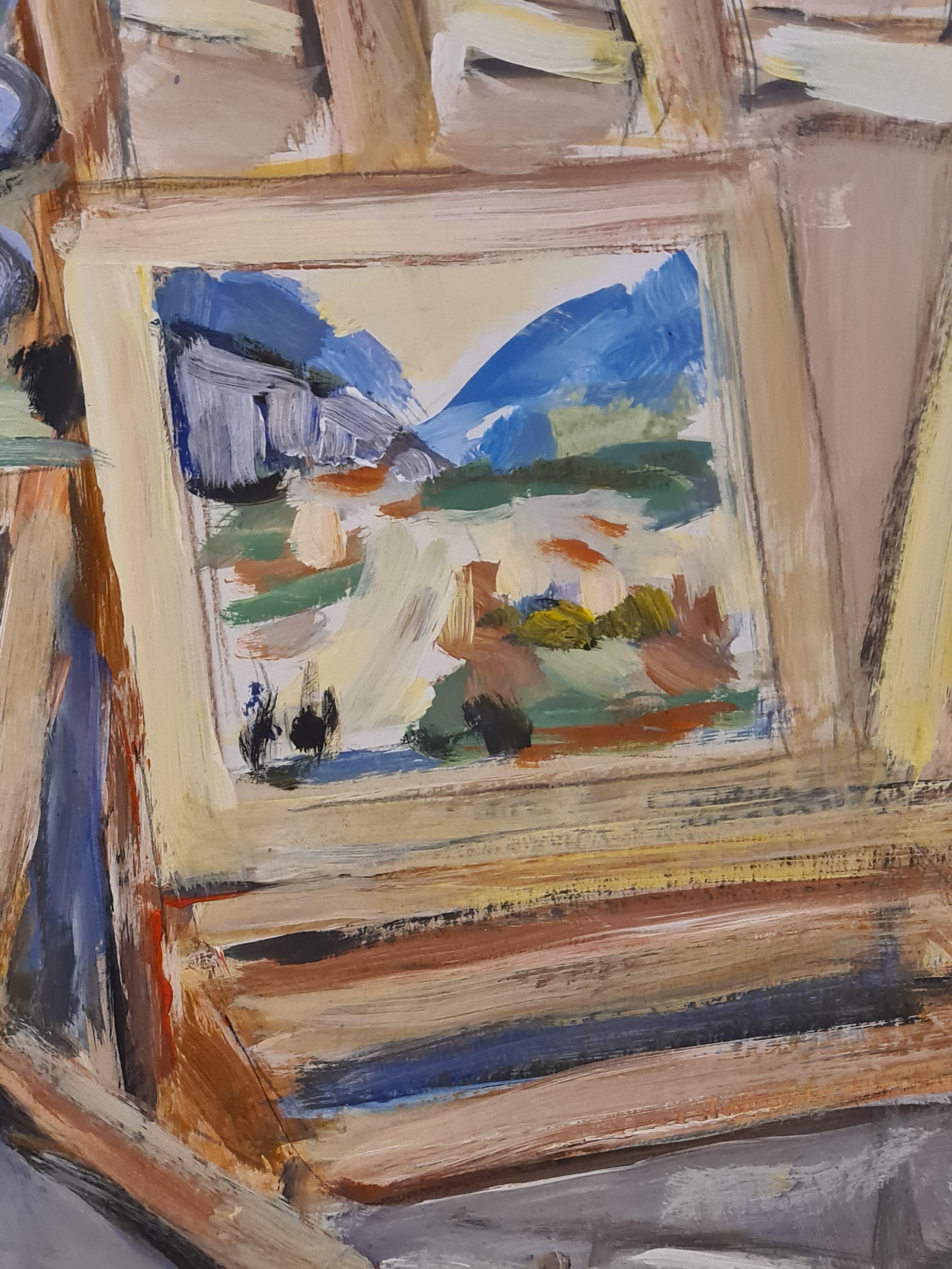 Vista di un interno francese colorato, l'Atelier dell'artista, Chez Marie Astoin - Painting di Claude Gemy