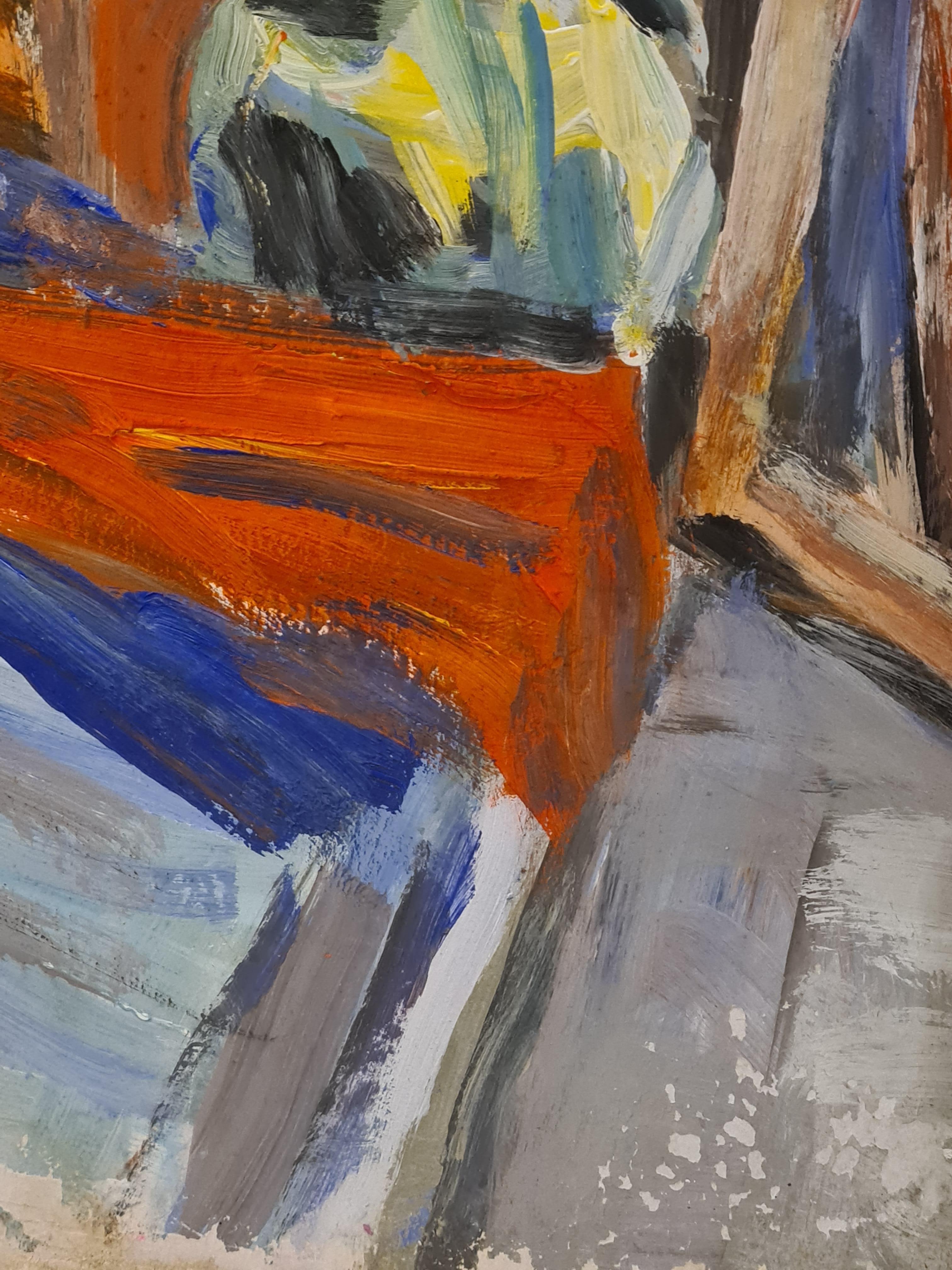 Vista di un interno francese colorato, l'Atelier dell'artista, Chez Marie Astoin - Interior Painting Marrone di Claude Gemy
