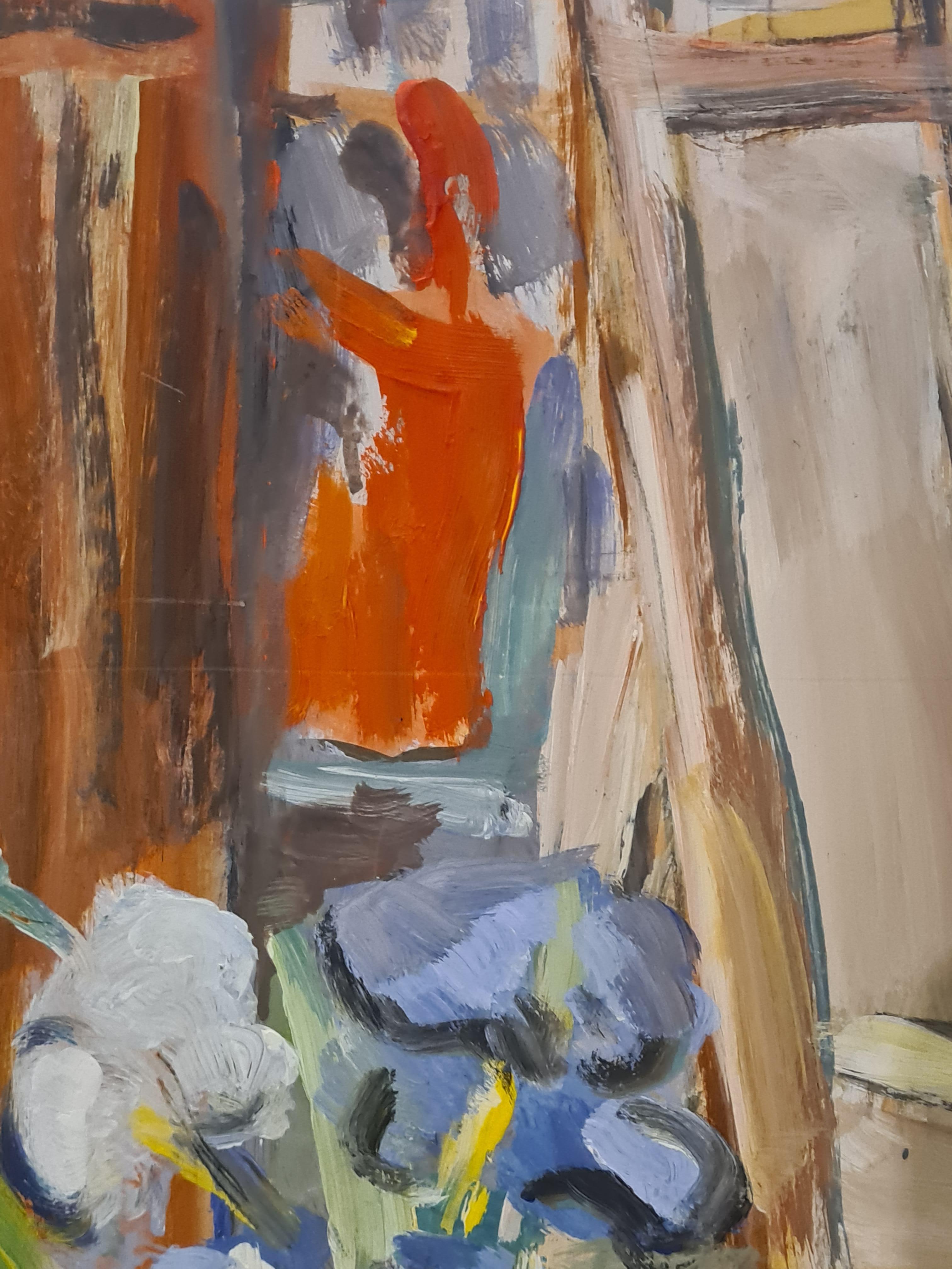 Gouache francese su cartoncino, vista interna di un atelier d'artista di Claude Gemy. Il dipinto è firmato in basso a destra ed è annotato, firmato e datato sul retro del cartoncino.

Provenienza: Acquistato direttamente dall'Atelier