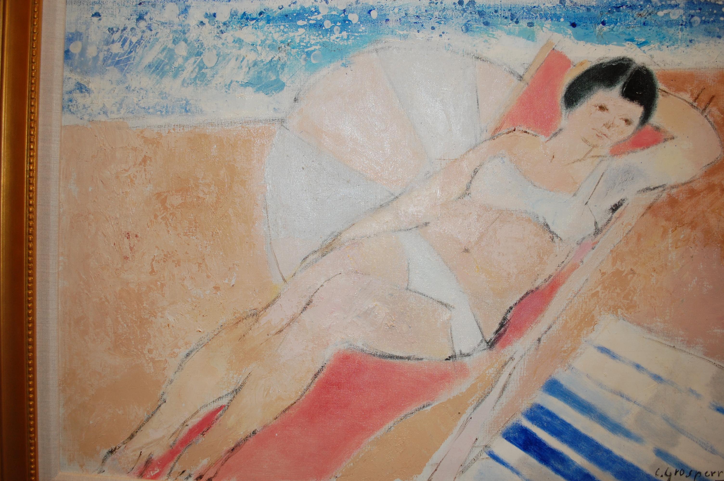 Femme sur la plage - Marron Landscape Painting par claude GROSPERRIN