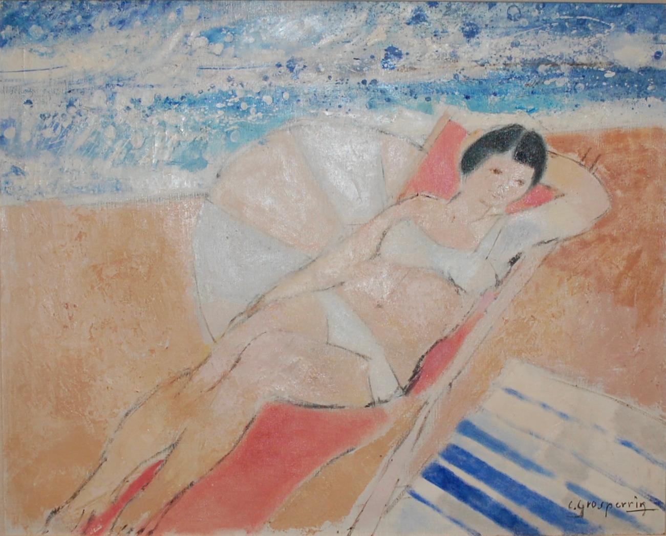 Frau am Strand – Painting von claude GROSPERRIN
