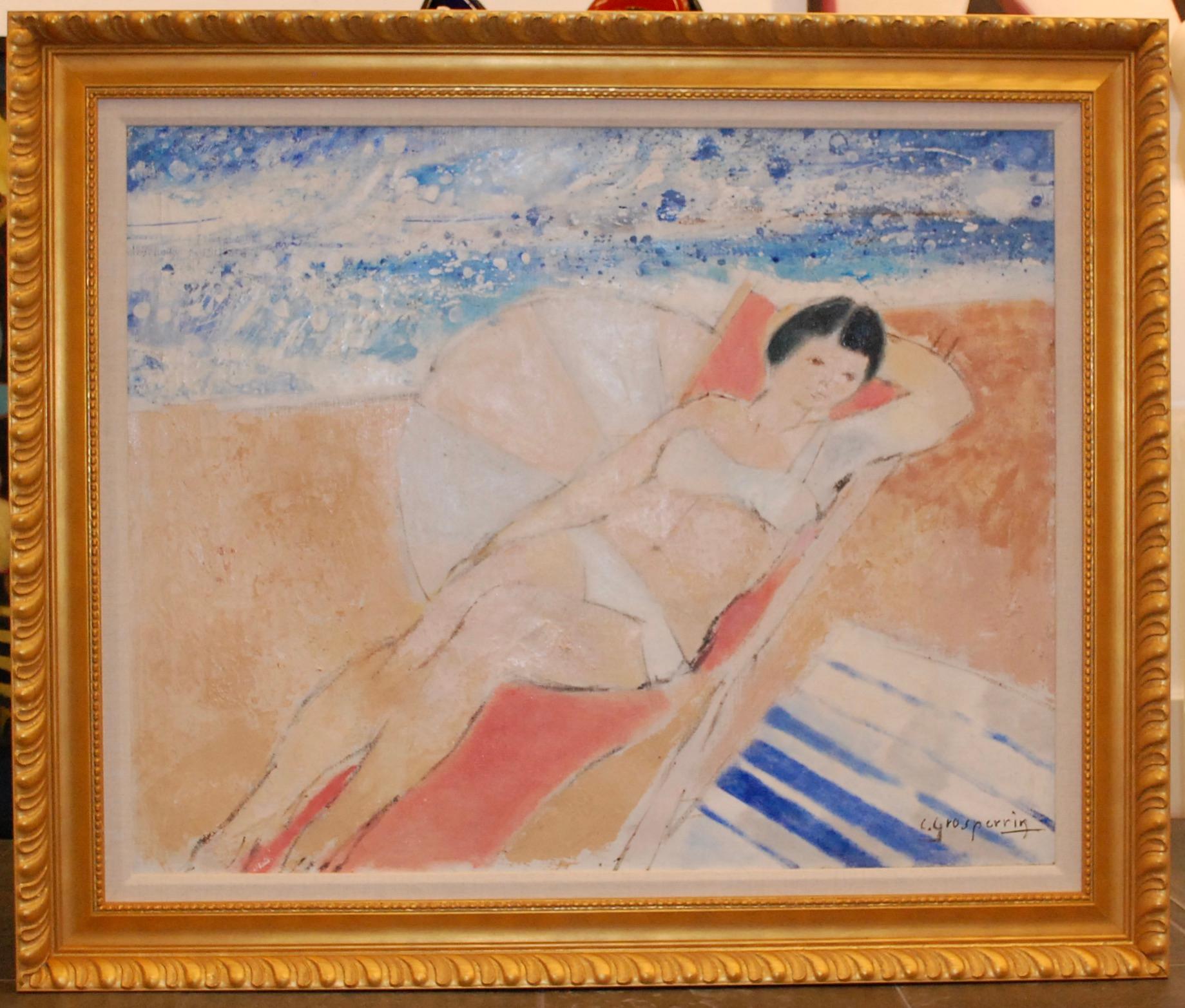 Femme sur la plage - Après-guerre Painting par claude GROSPERRIN