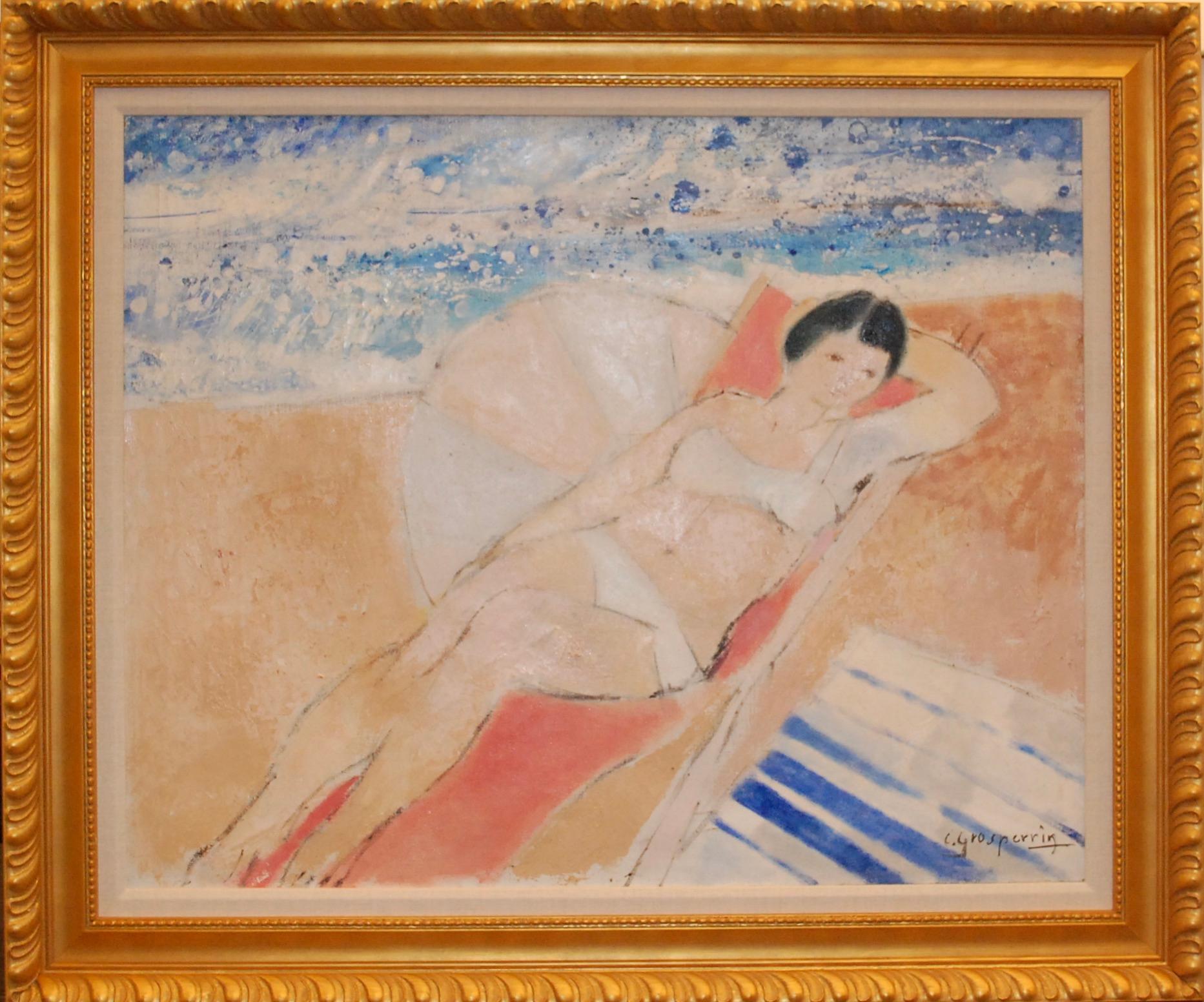 Woman On The Beach - Post-War Painting by claude GROSPERRIN