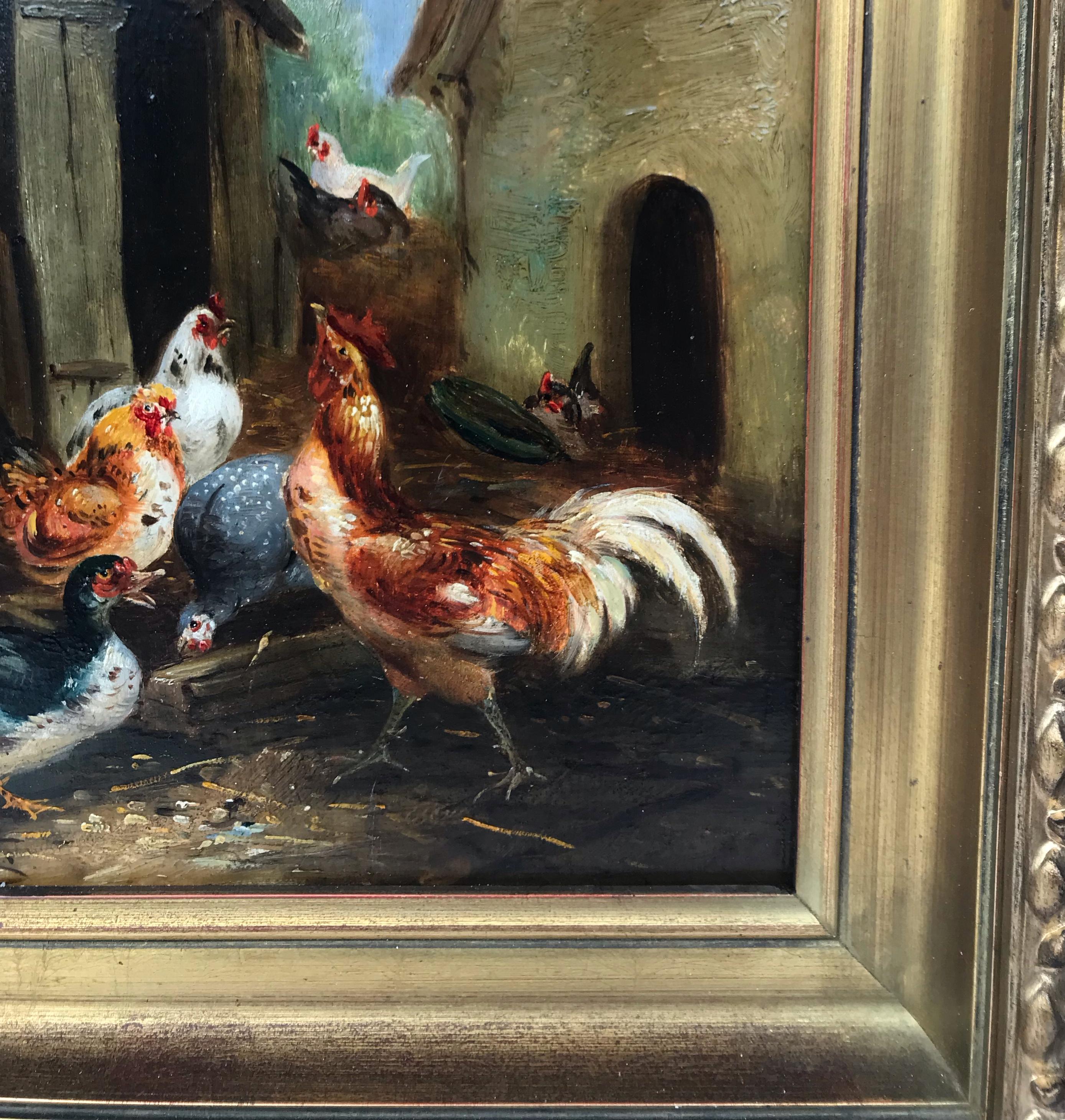  Chickens in the Farmyard in pair - Academic Painting by Claude Guilleminet