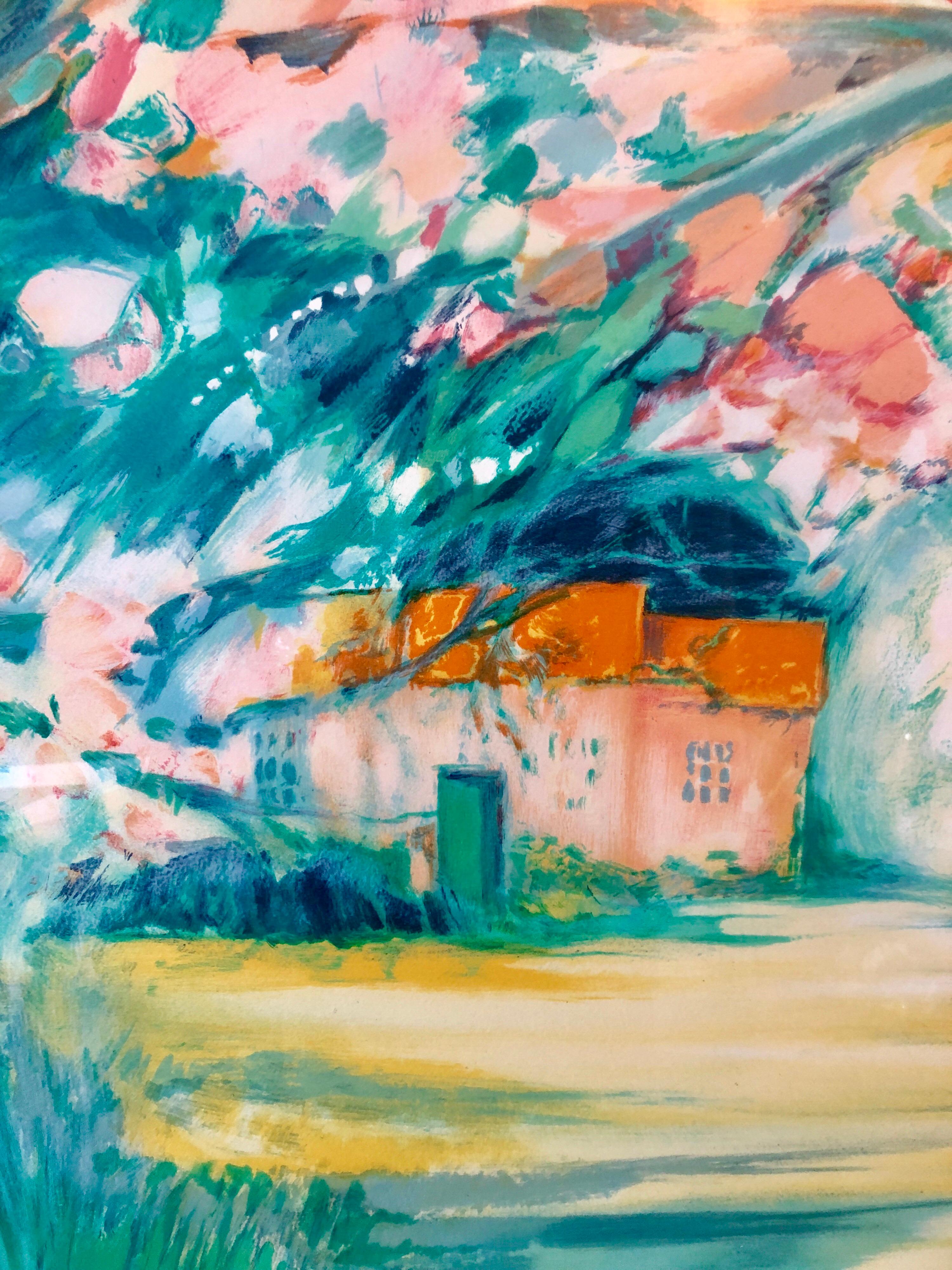 Moderniste français Vivid Bright Fauvist Landscape Aquarelle Gouache Painting - Post-impressionnisme Art par Claude Hemeret