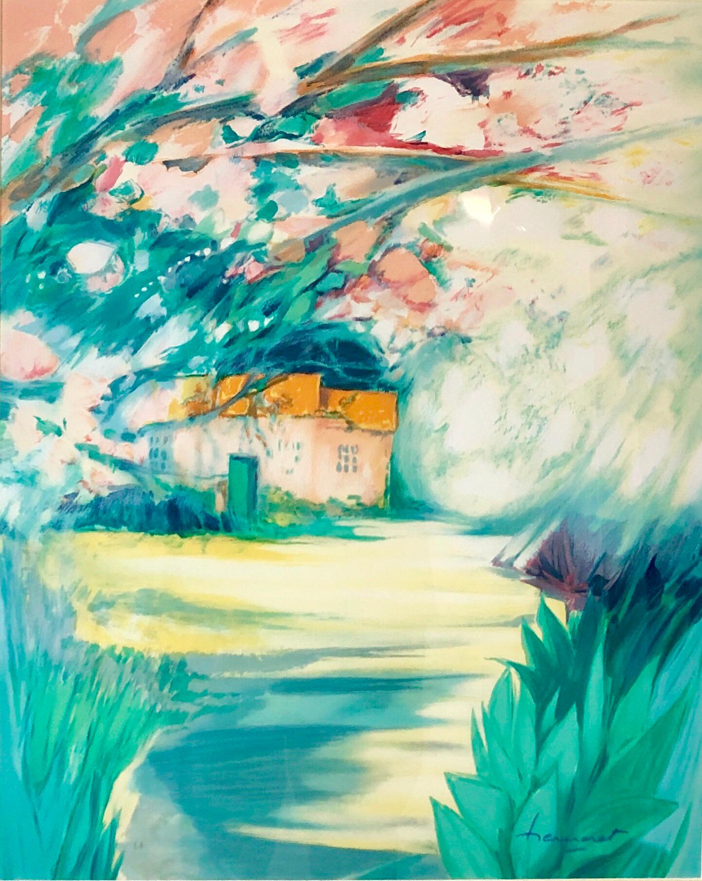 Vivid Bright Fauvist Landscape Aquarell-Gouache-Gemälde, Moderne der Mitte des Jahrhunderts (Beige), Landscape Art, von Claude Hemeret
