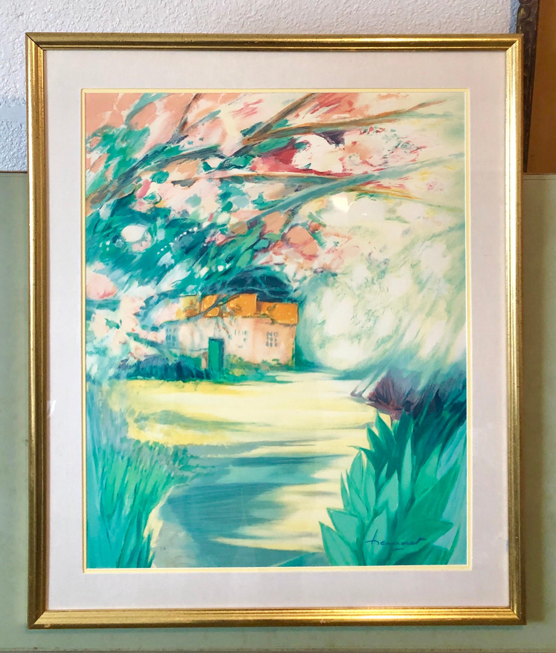 French Modernist Vivid Bright Fauvist Landscape Watercolor Gouache Painting For Sale 1