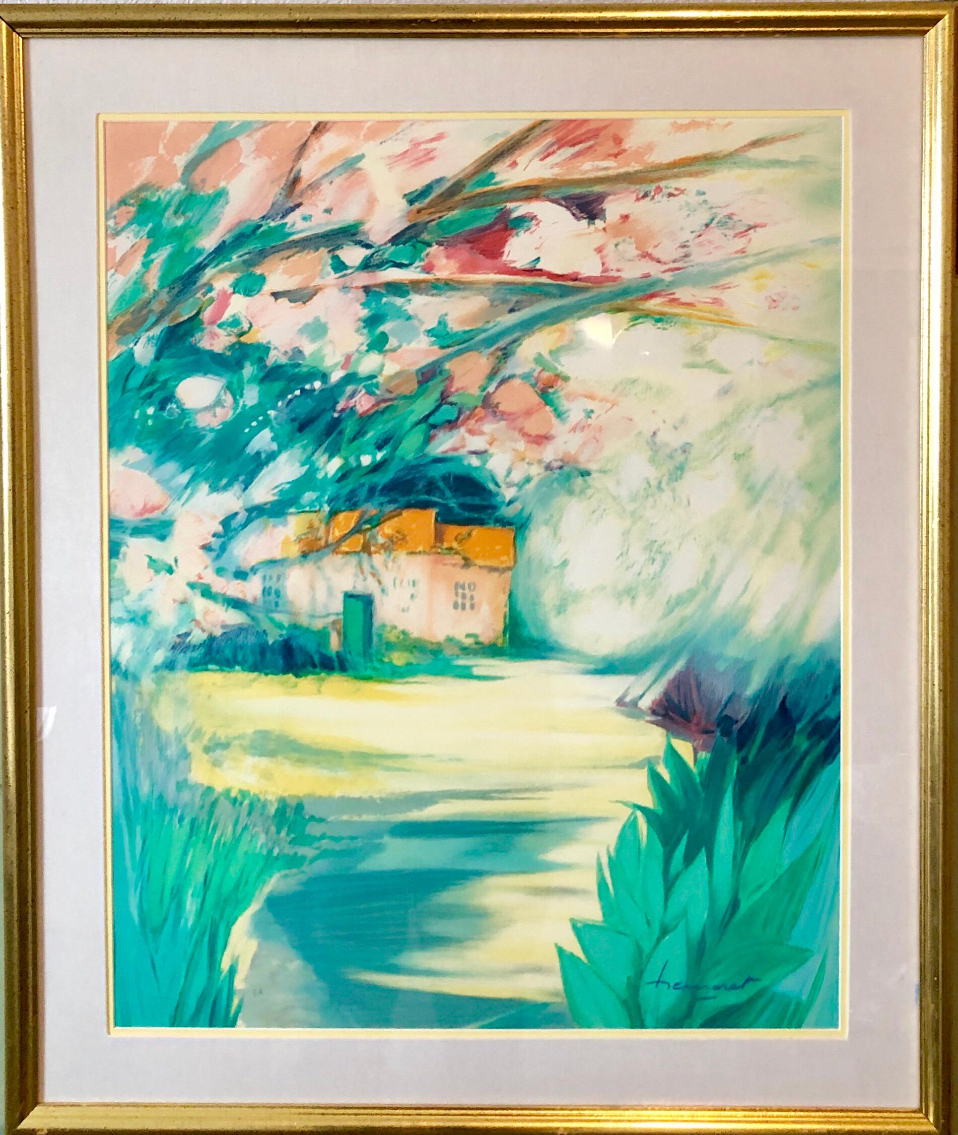 Claude Hemeret Landscape Art - French Modernist Vivid Bright Fauvist Landscape Watercolor Gouache Painting
