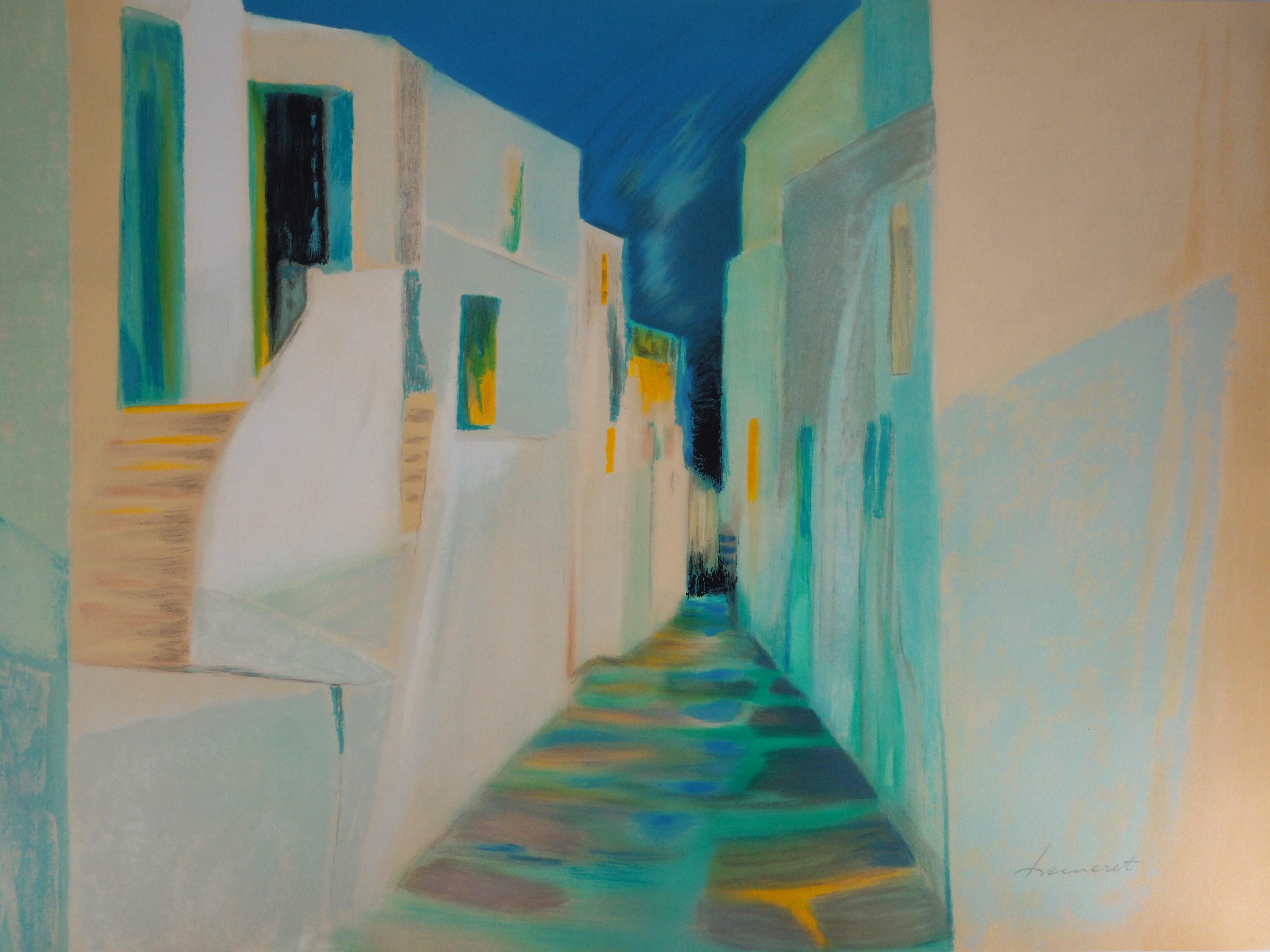 Greece : Old street in Santorini - Original Lithograph, Handsigned  - Modern Print by Claude Hemeret