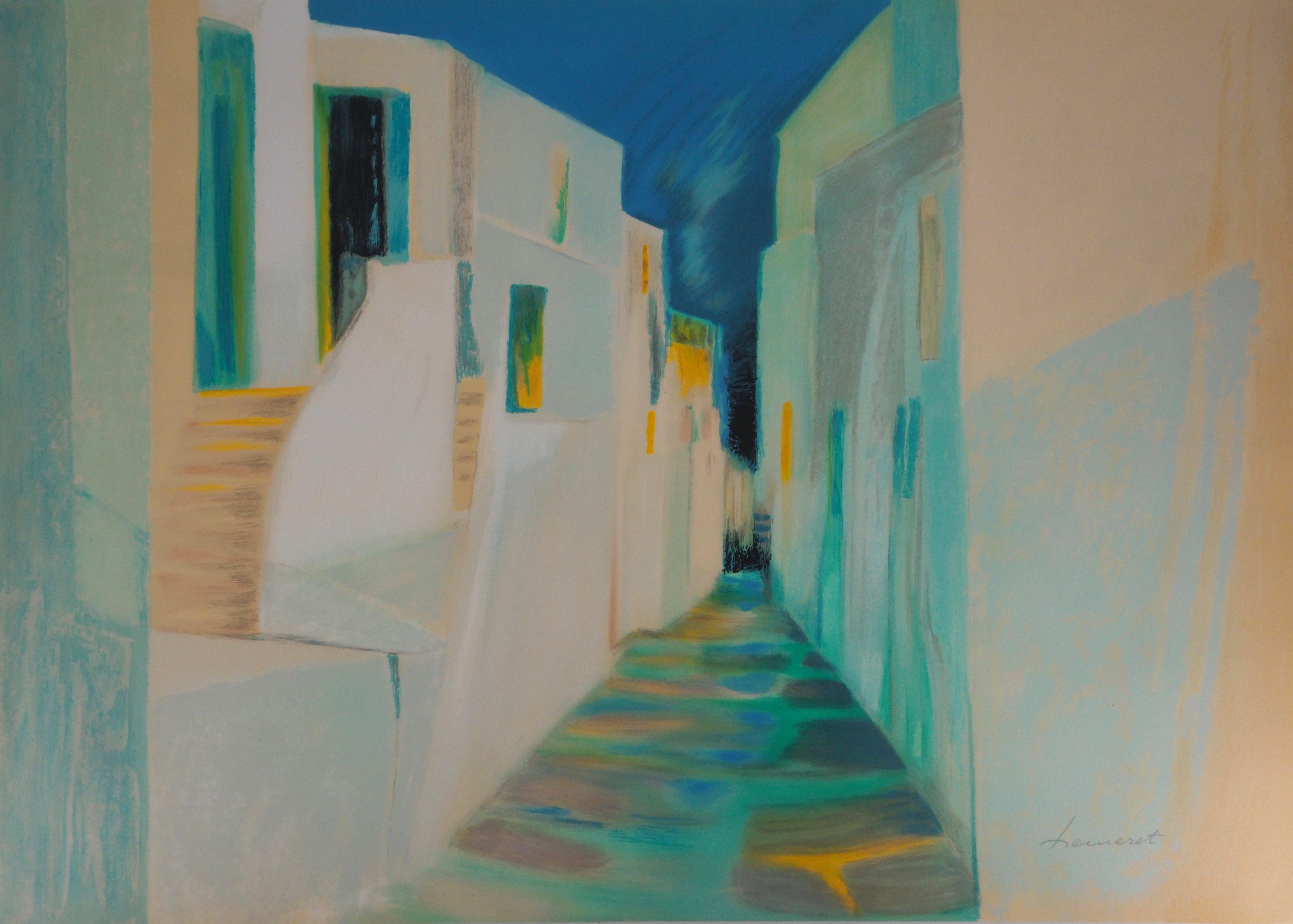 Claude Hemeret Landscape Print - Greece : Old street in Santorini - Original Lithograph, Handsigned