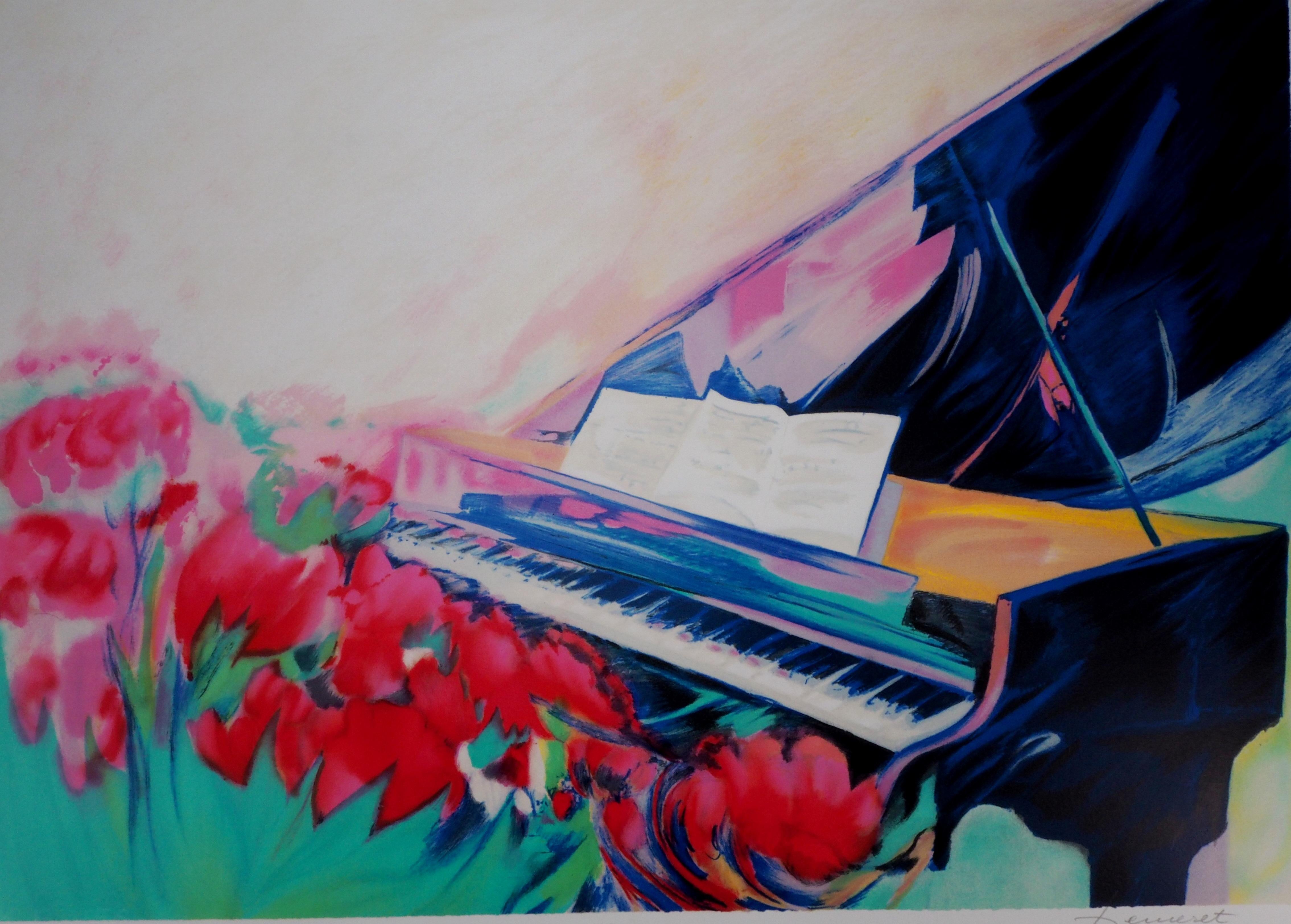 Piano and Music Sheet -  Original Lithograph, Handsigned  - Modern Print by Claude Hemeret