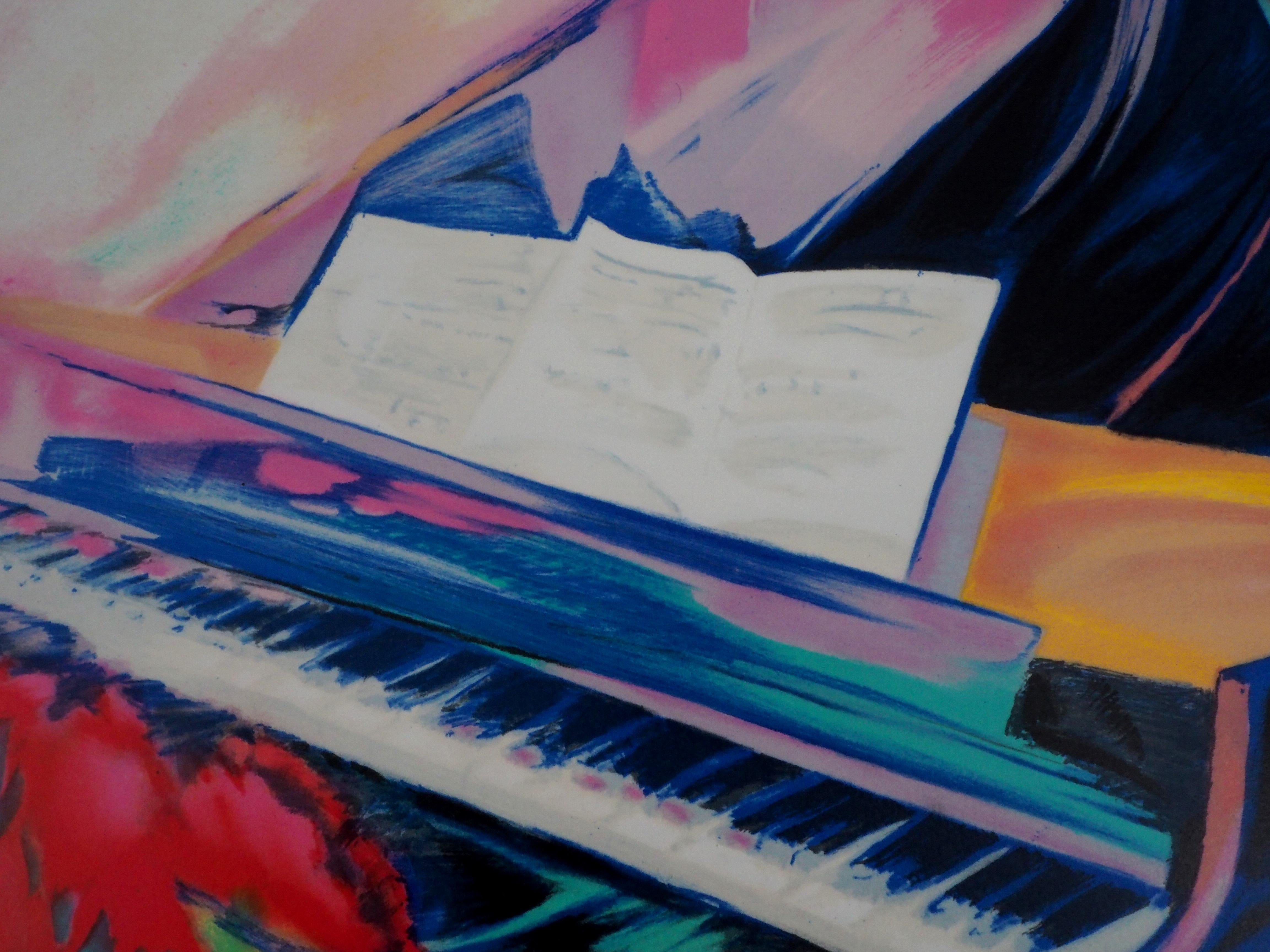 Piano and Music Sheet -  Original Lithograph, Handsigned  For Sale 1