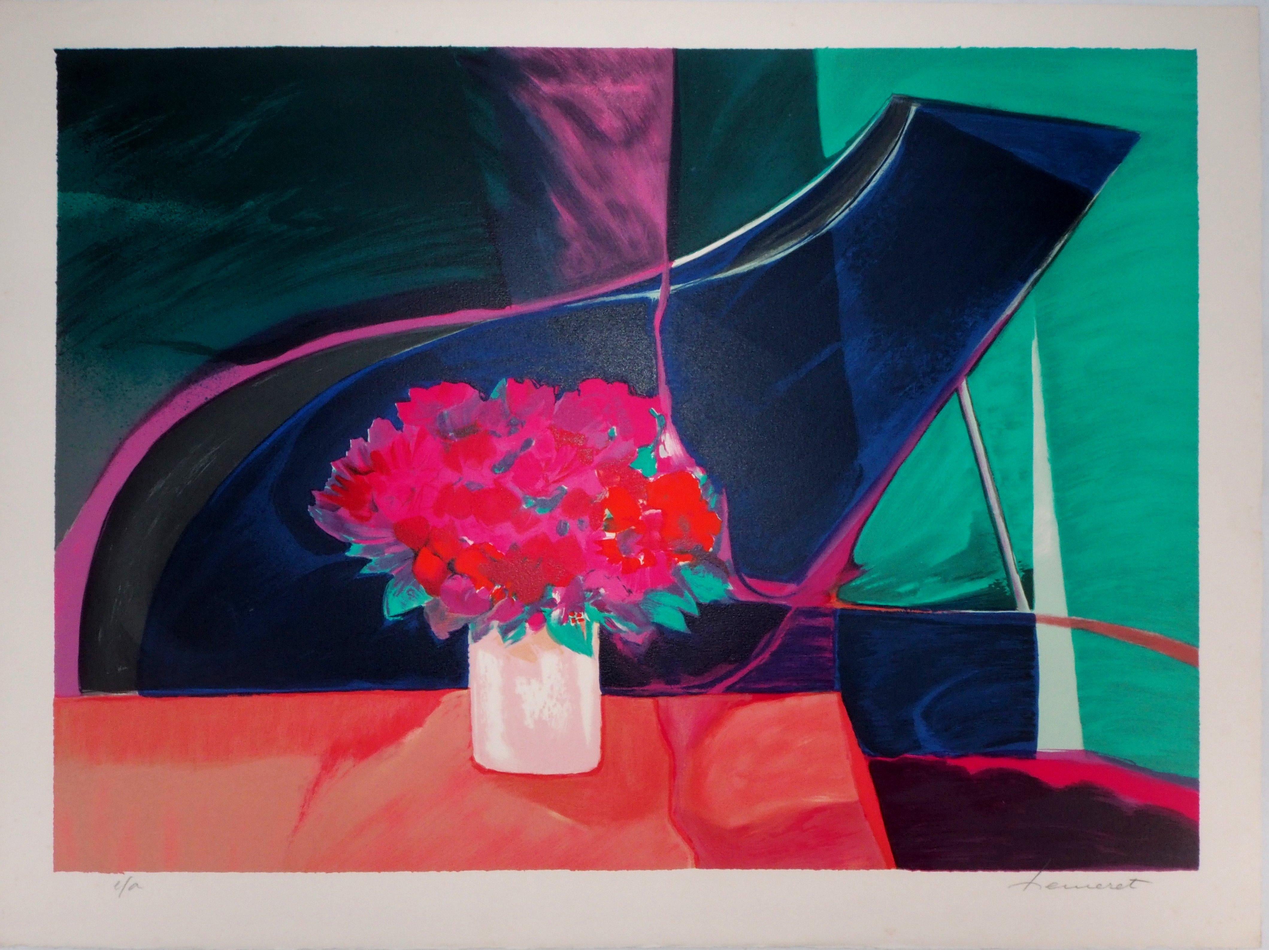 Claude Hemeret Figurative Print -   Pink Flowers and Steinway Grand Piano -  Original Lithograph, Handsigned 