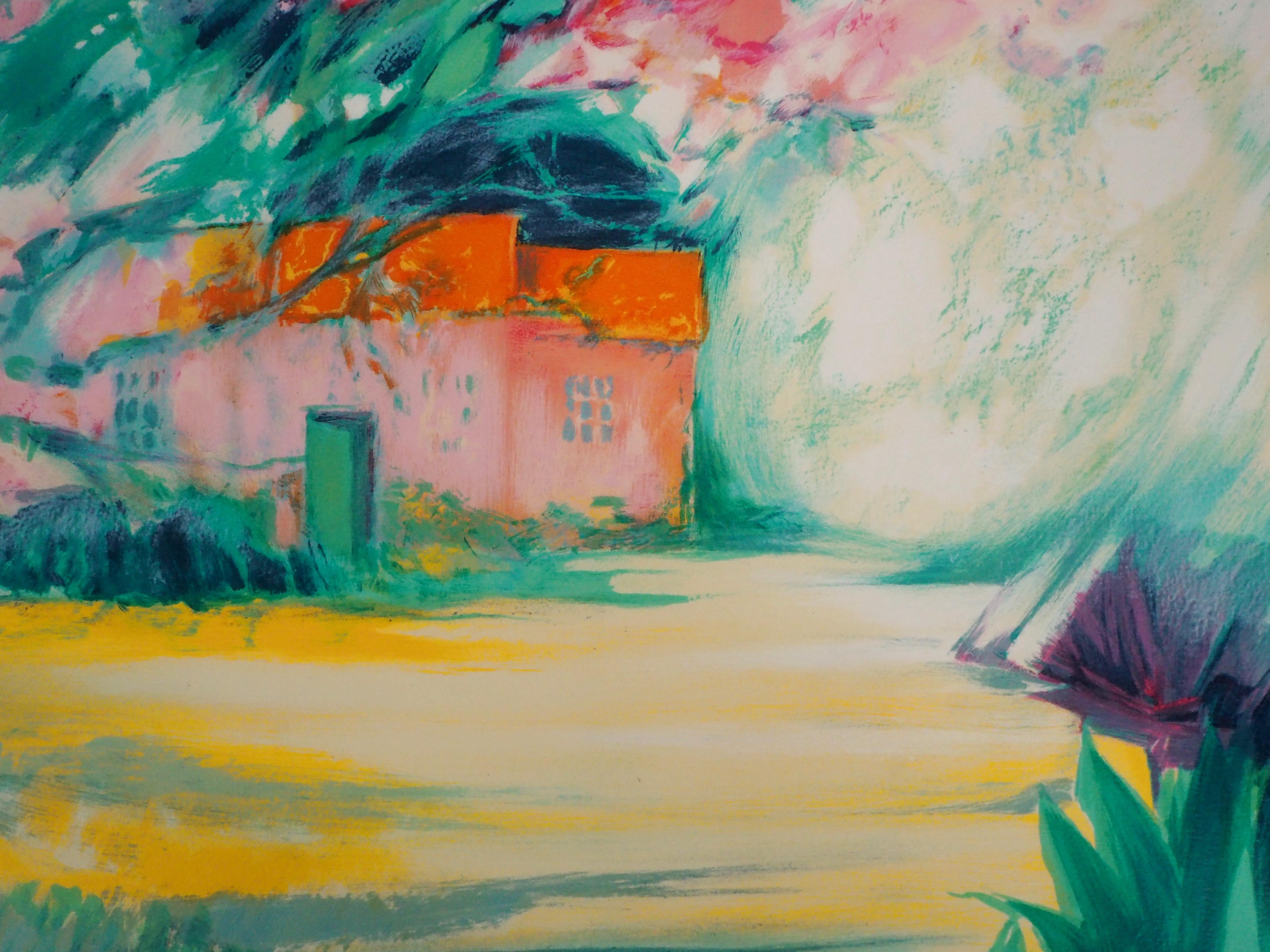  Tribute to Monet and Giverny, The Pink House - Original Lithograph, Handsigned  - Brown Landscape Print by Claude Hemeret