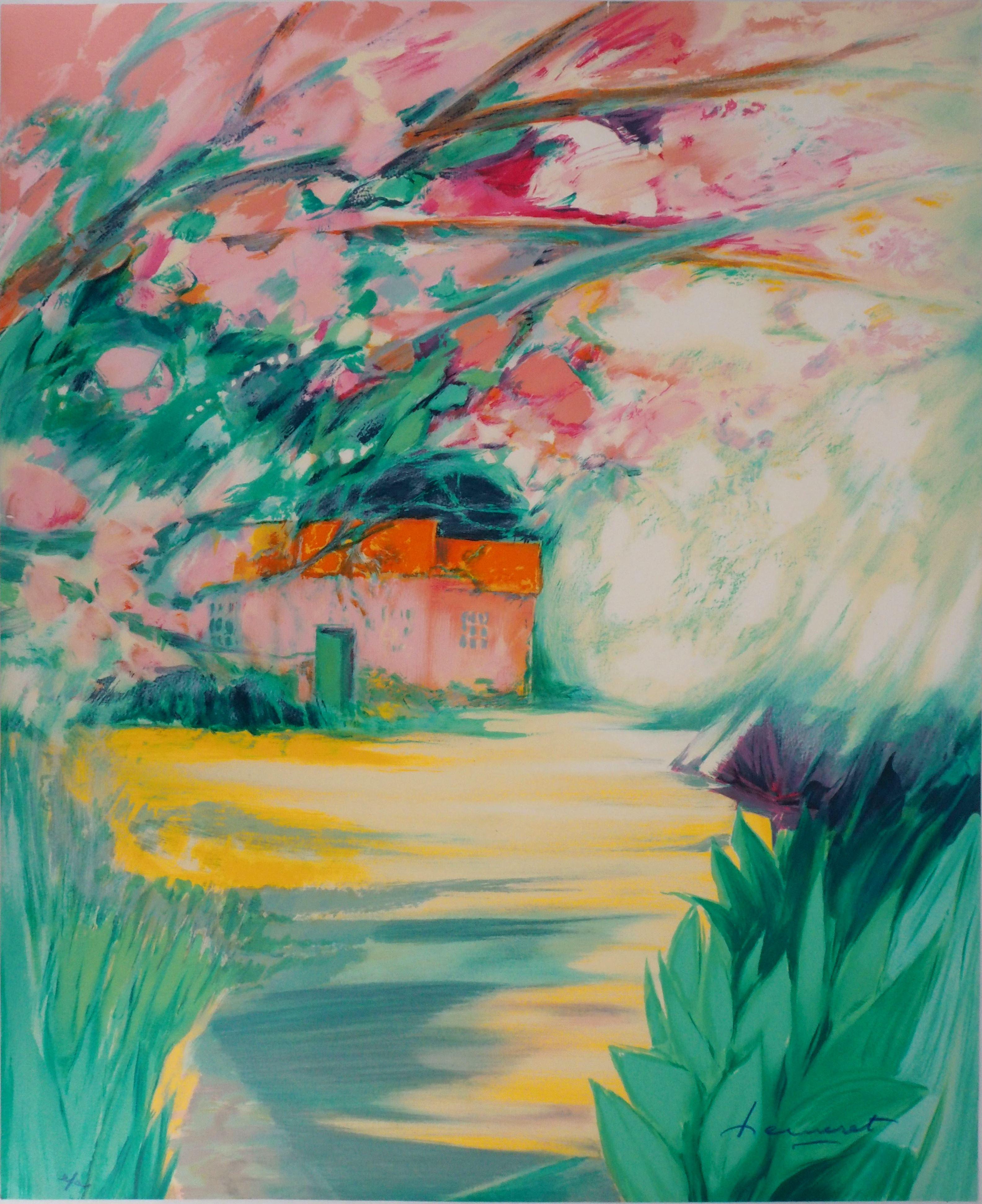 Claude Hemeret Landscape Print -  Tribute to Monet and Giverny, The Pink House - Original Lithograph, Handsigned 