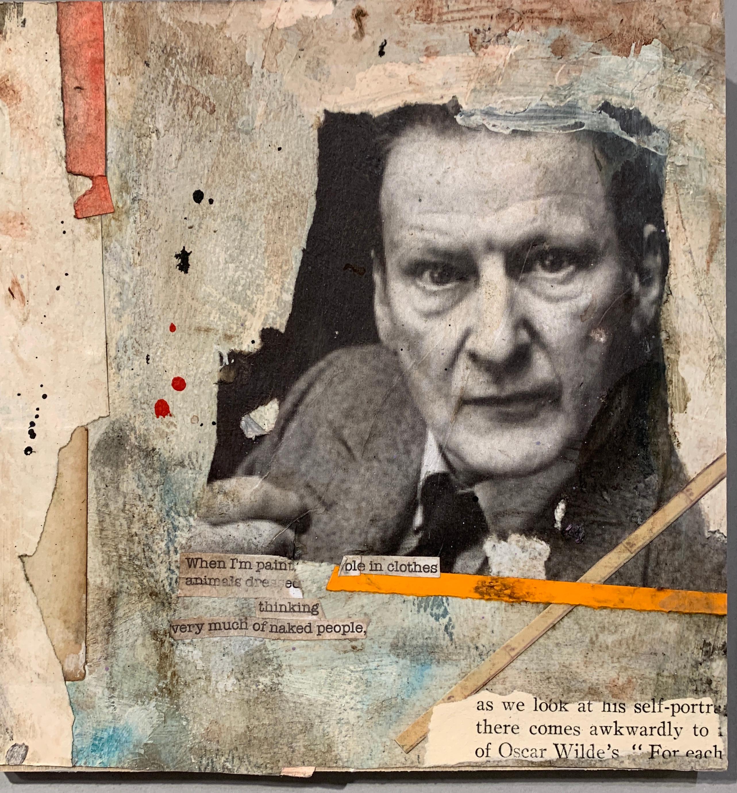 Claude Howard Stuart Figurative Art - Abstract collage Portrait of Lucian Freud, with paint, ink on  antique paper,