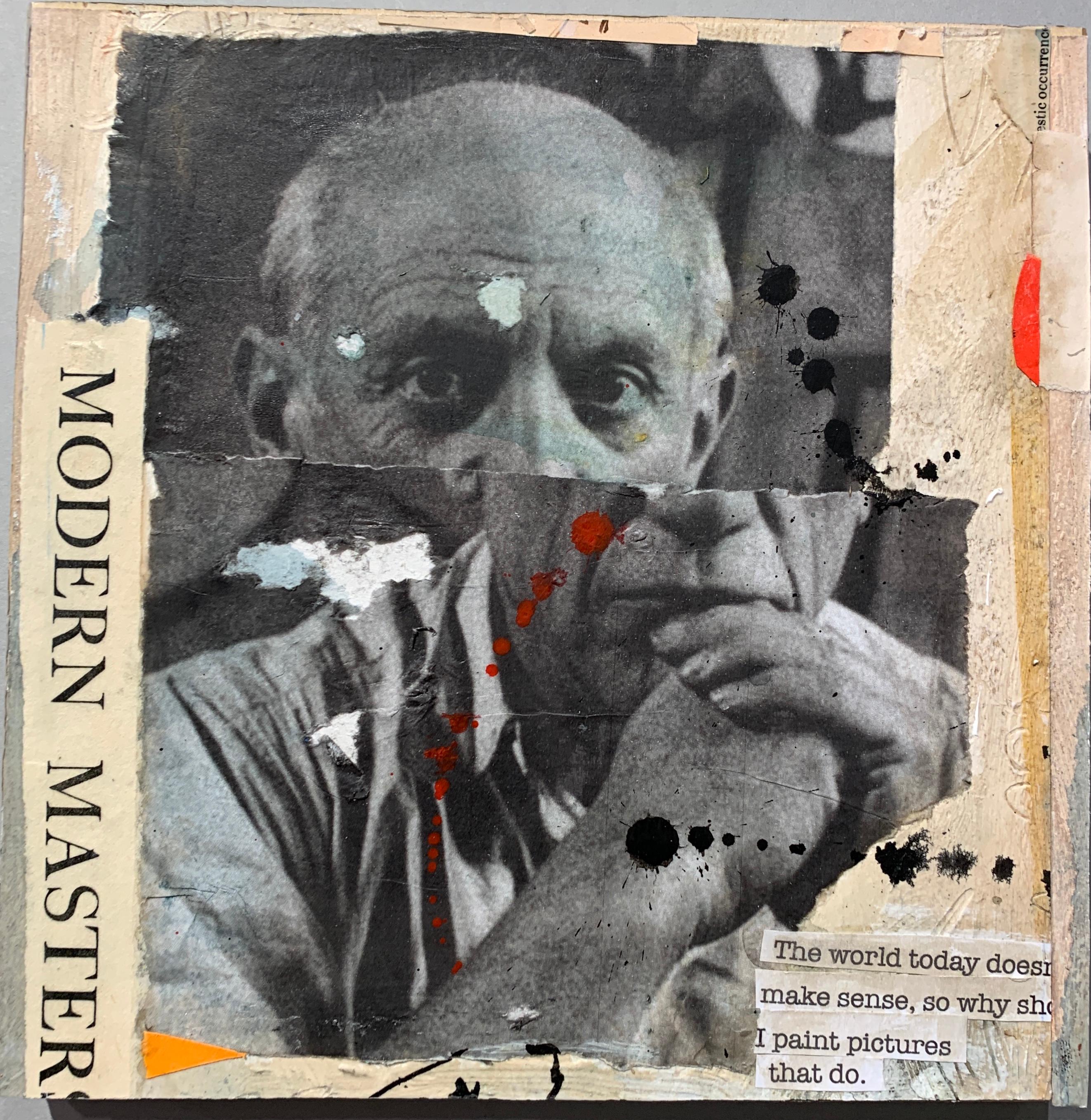 Claude Howard Stuart Figurative Art - Abstract collage Portrait of Pablo Picasso , with paint, ink on  antique paper,