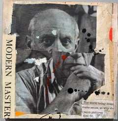 Abstract collage Portrait of Pablo Picasso , with paint, ink on  antique paper,