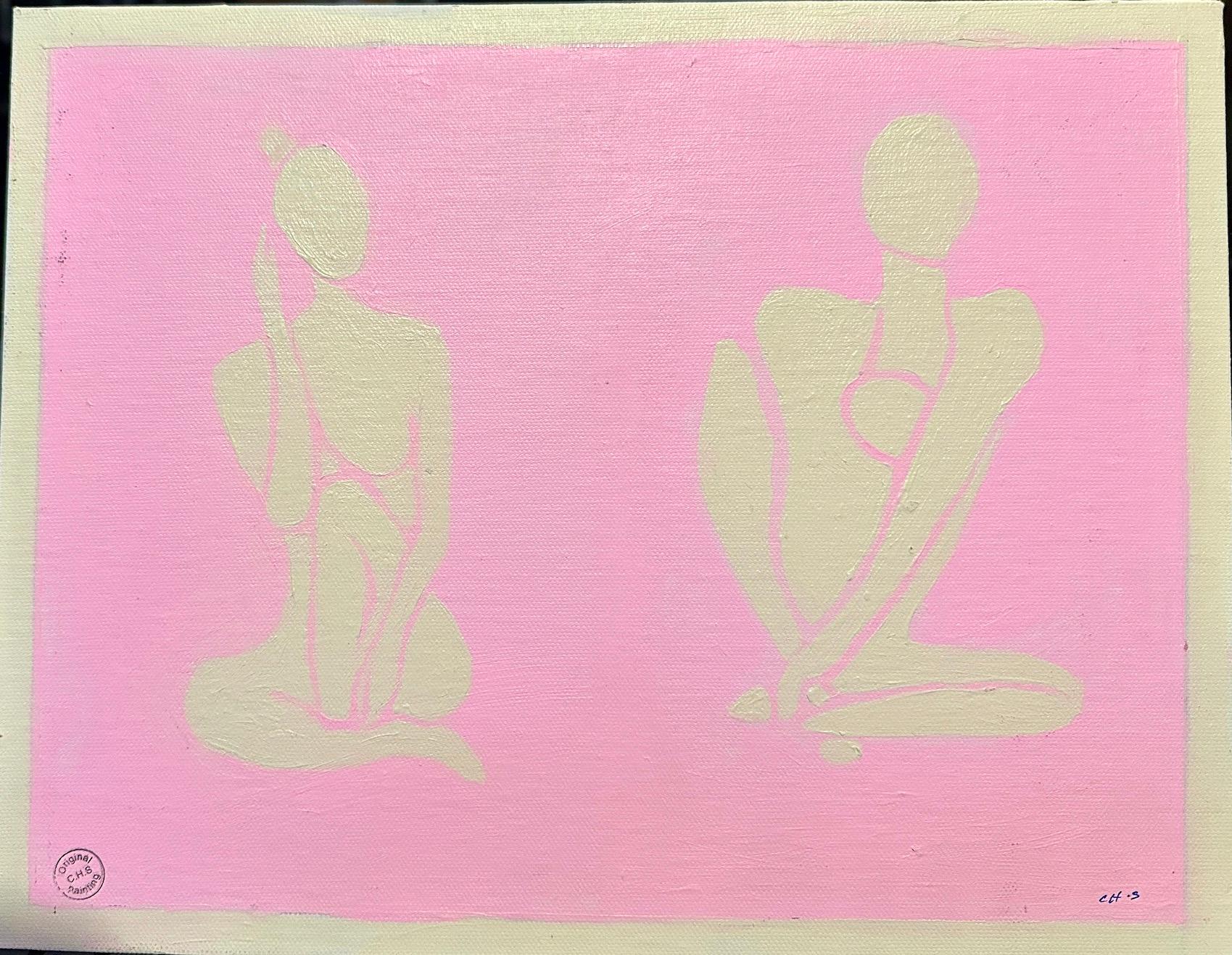 Abstraktes Gemälde mit zwei von Matisse inspirierten nackten Figuren in Rosa und Weiß