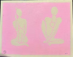Peinture abstraite de deux nus inspirés de Matisse en rose et blanc