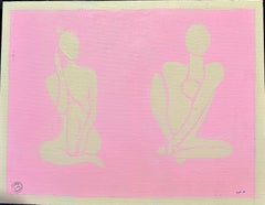Quadro astratto di due figure nude ispirate a Matisse, in rosa e bianco.