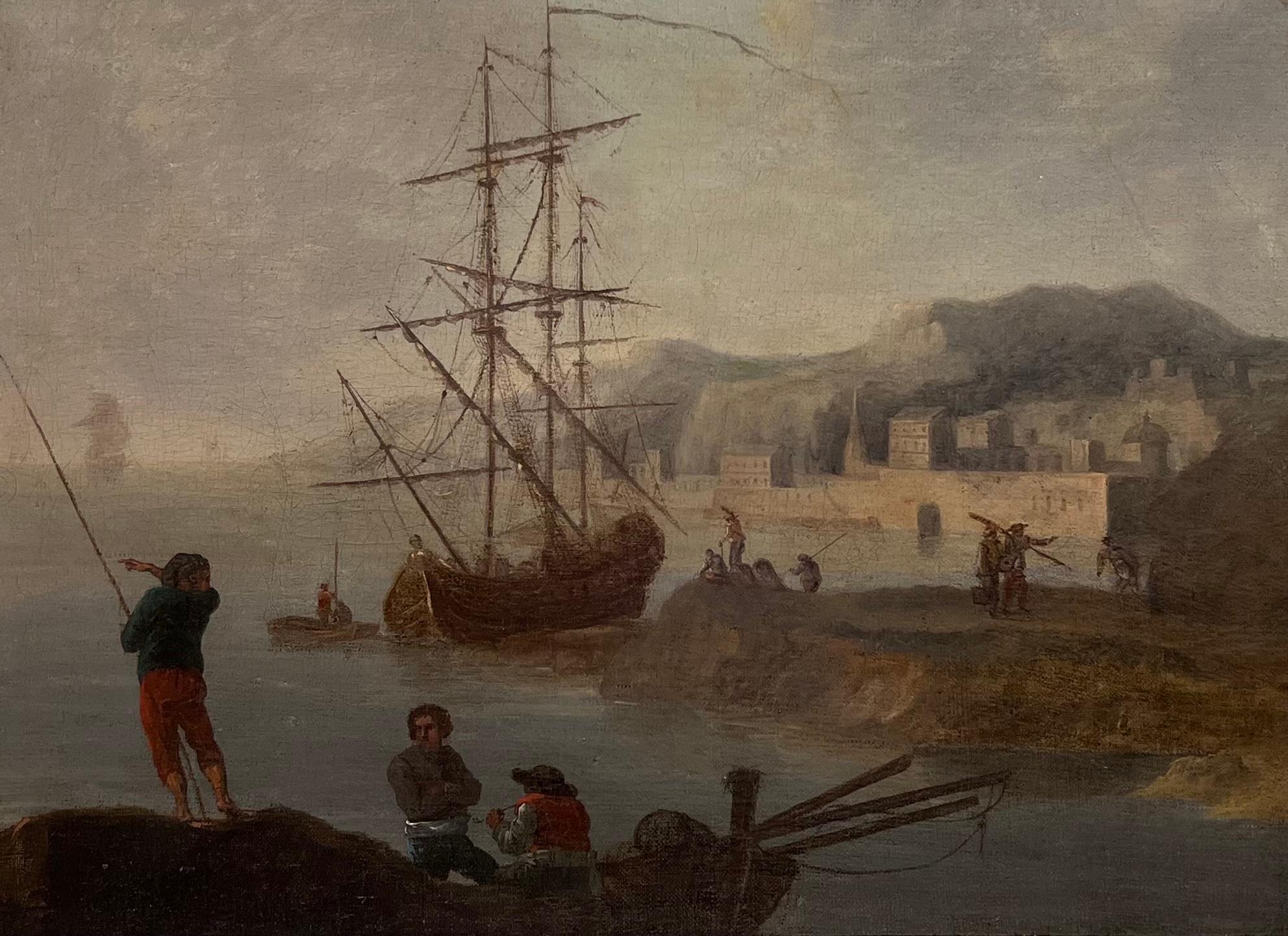 Siglo XVIII French Old Master Pintura al Óleo Antiguo Puerto Navegación Marina - Painting de Claude Joseph Vernet (circle)