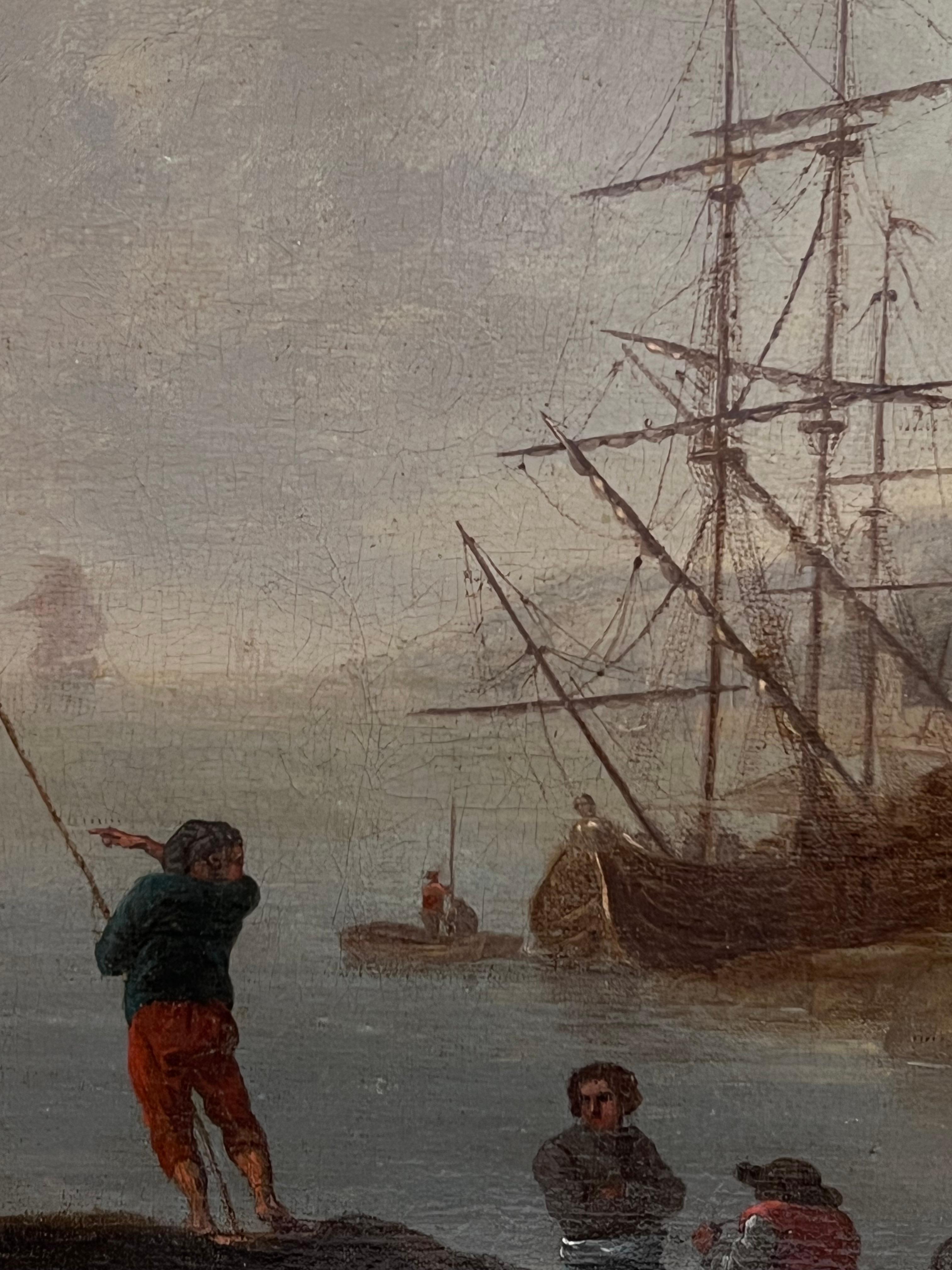 Siglo XVIII French Old Master Pintura al Óleo Antiguo Puerto Navegación Marina en venta 4