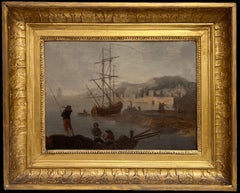 18th Century French Old Master Oil Painting Ancient Port Harbor Shipping Marine