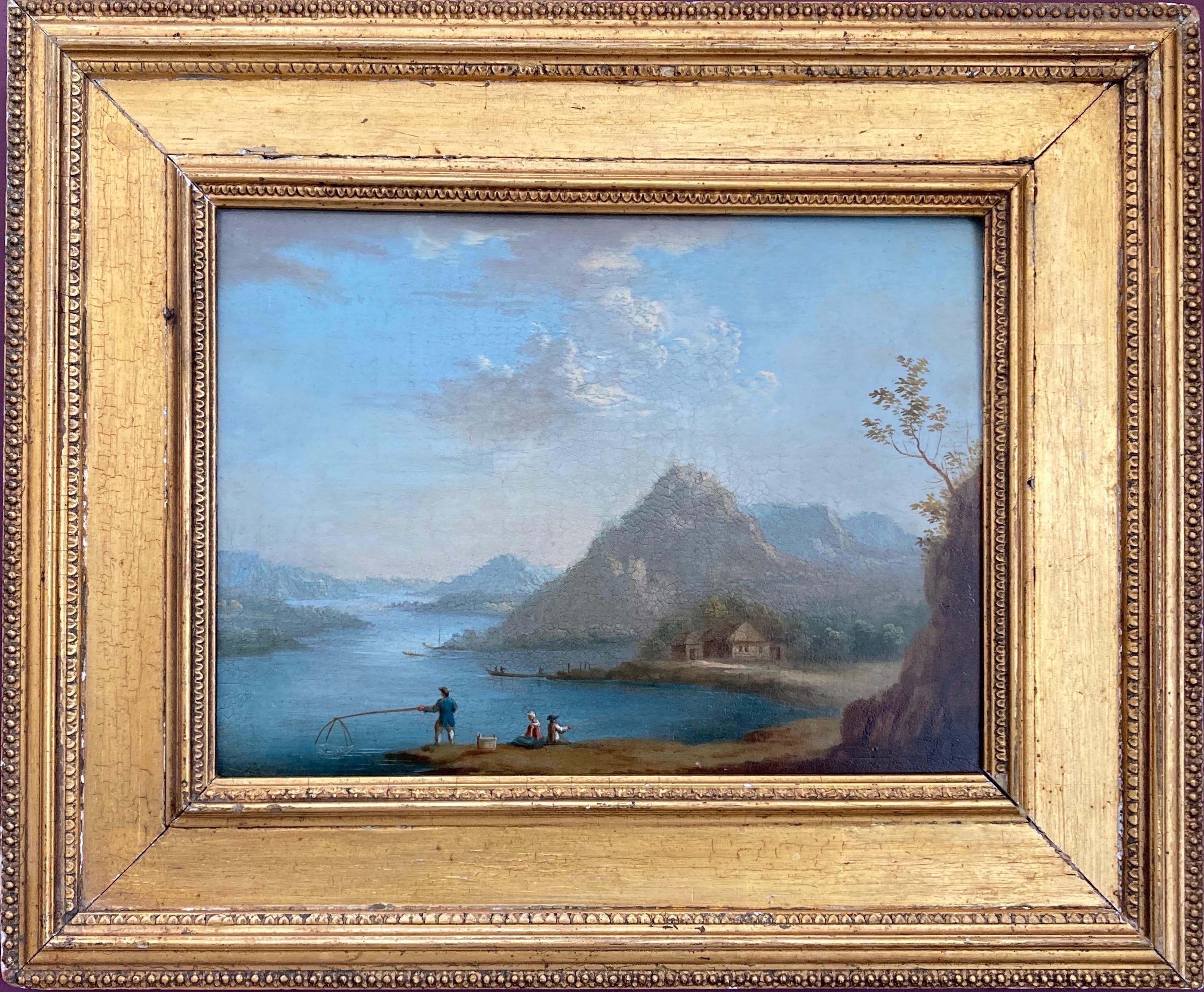 French Arcadian landscape with figures fishing in the mountains at 1stDibs