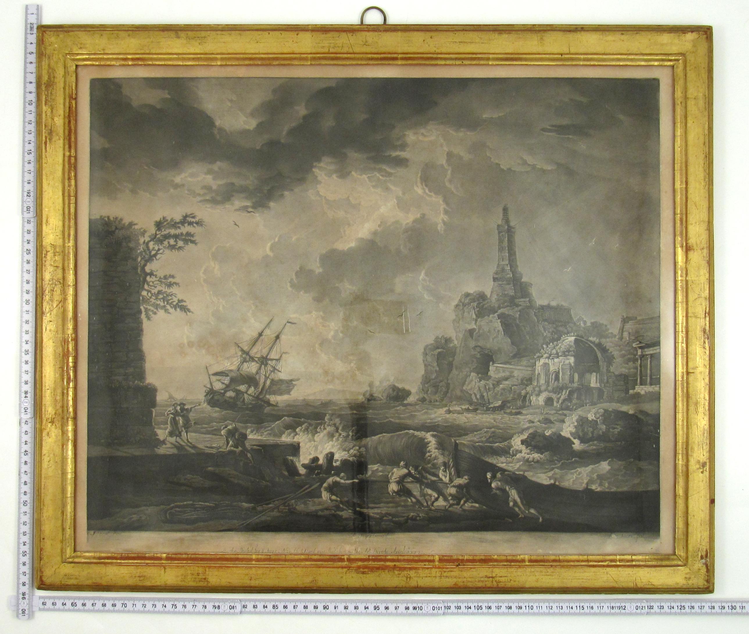 Costal Harbour Landscape with a Ship and brewing Storm - 18th Century Engraving 3