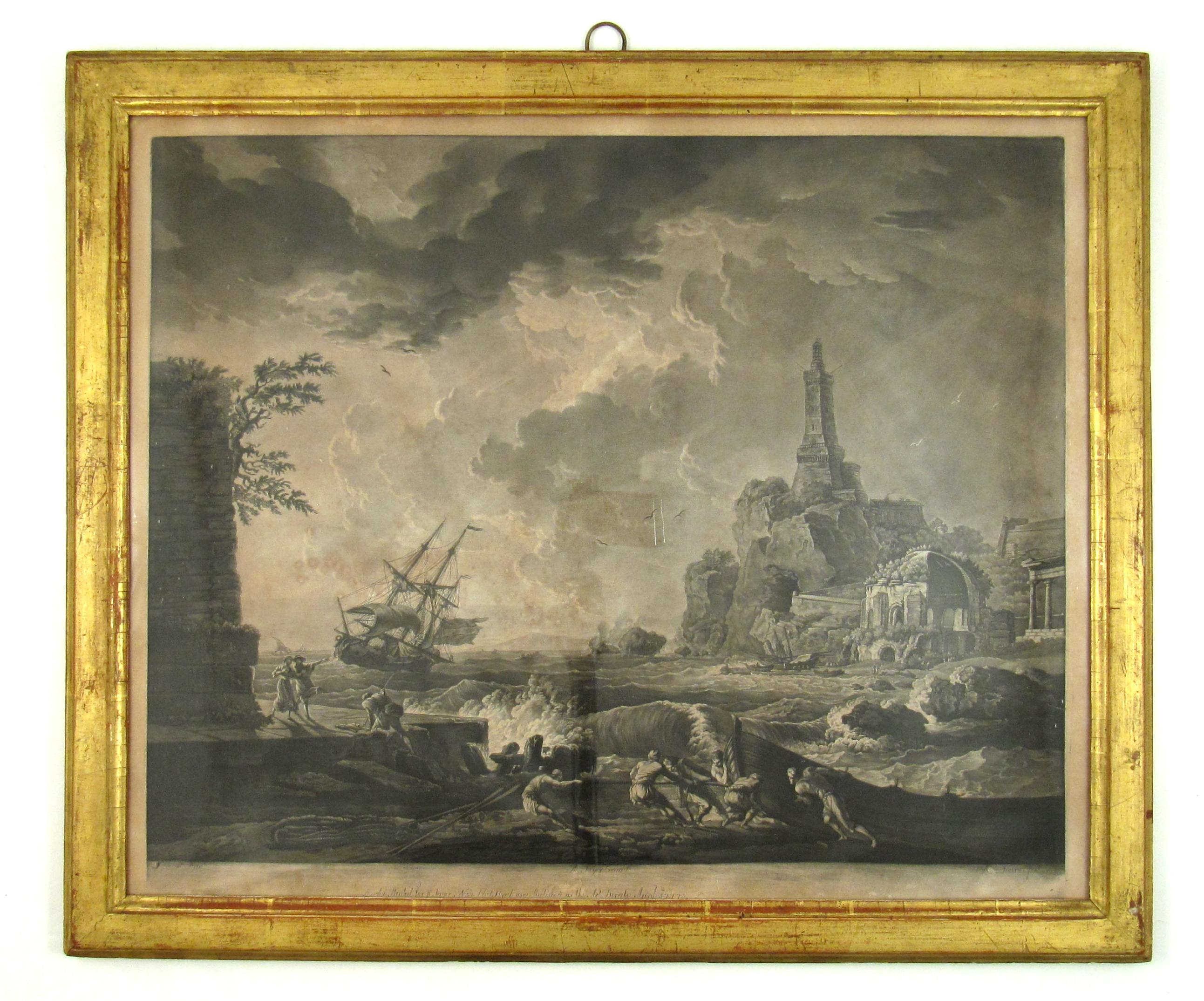 Costal Harbour Landscape with a Ship and brewing Storm - 18th Century Engraving - Print by Claude-Joseph Vernet