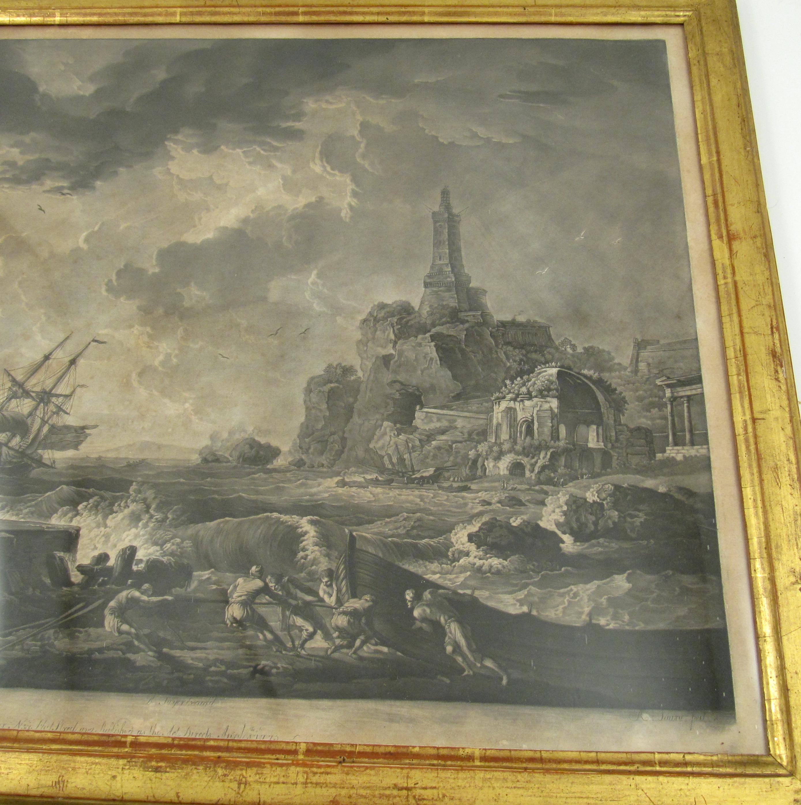 Costal Harbour Landscape with a Ship and brewing Storm - 18th Century Engraving - Naturalistic Print by Claude-Joseph Vernet