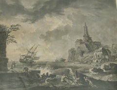 Antique Costal Harbour Landscape with a Ship and brewing Storm - 18th Century Engraving