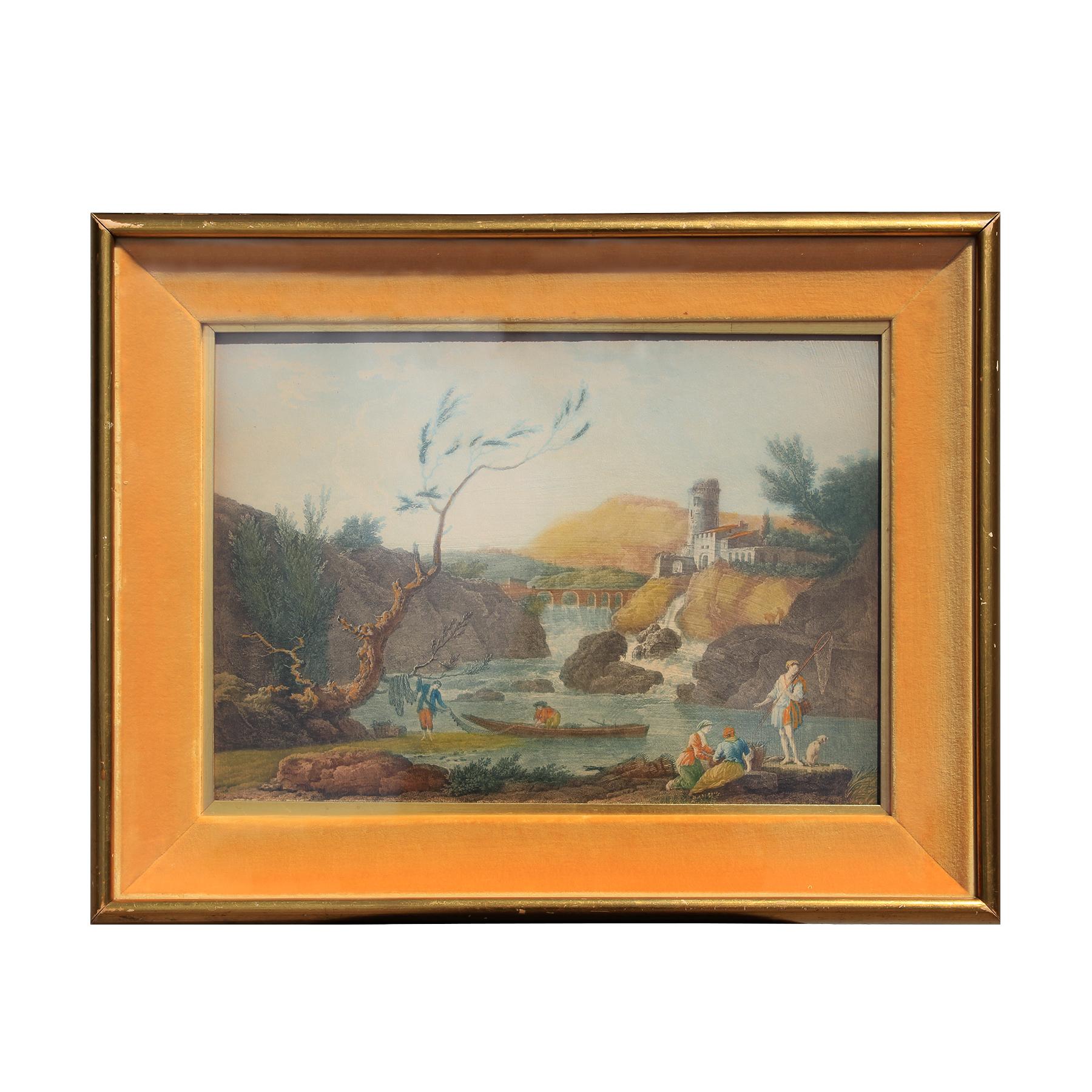 Landscape Print Claude-Joseph Vernet - Gravure de paysage néoclassique de pêcheurs dans le style de Joseph Vernet