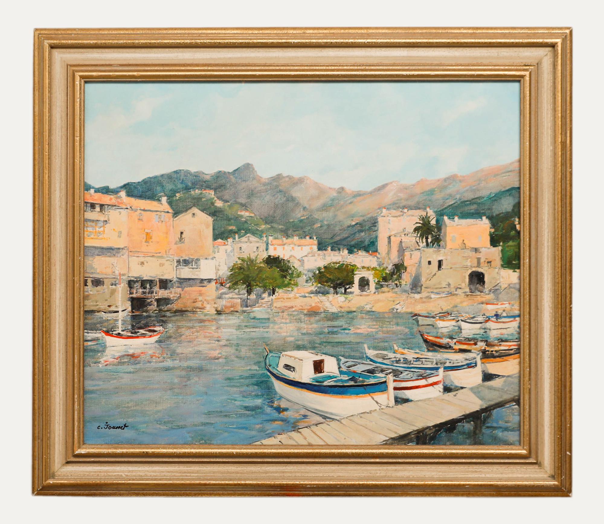 Figurative Painting di Claude JOUSSET - Claude Jousset (nato nel 1935) - Olio del XX secolo incorniciato, Petit Port en Italie
