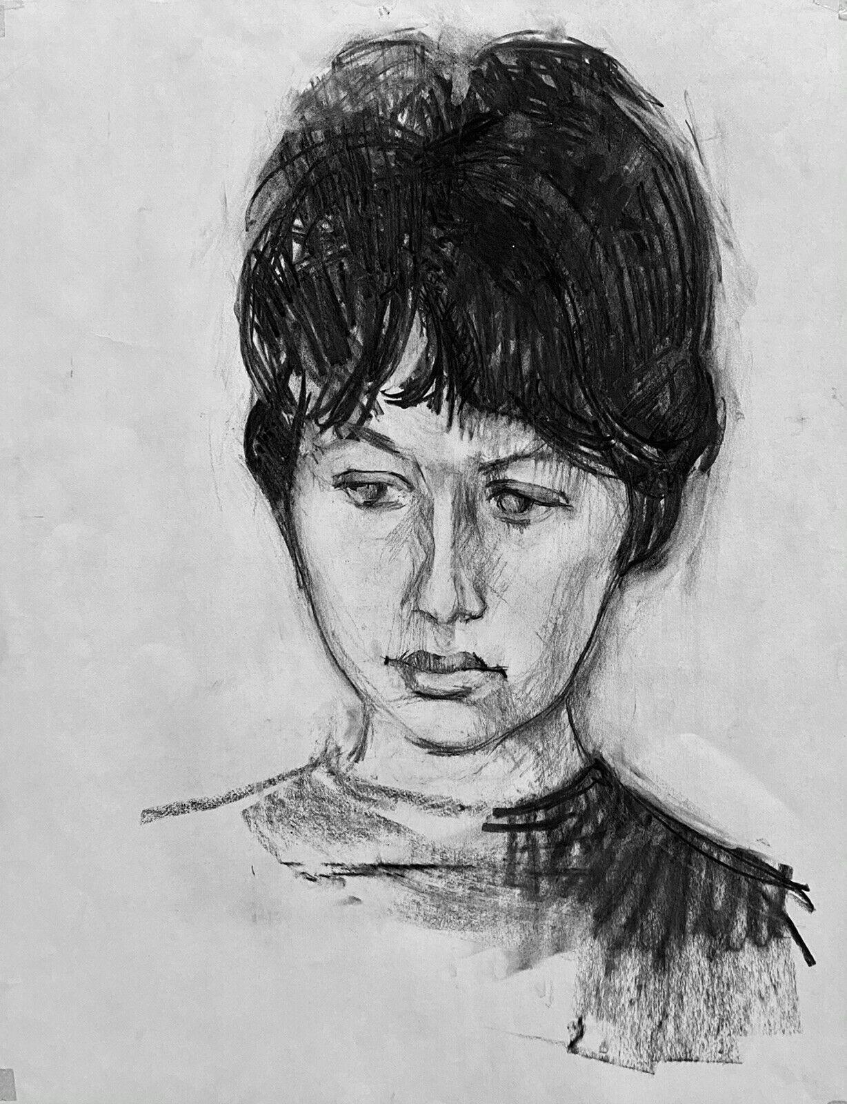 CLAUDE LAGOUCHE (1943-2020) ORIGINAL 1960s FRENCH CHARCOAL DRAWING - PORTRAIT - Painting di Claude Lagouche