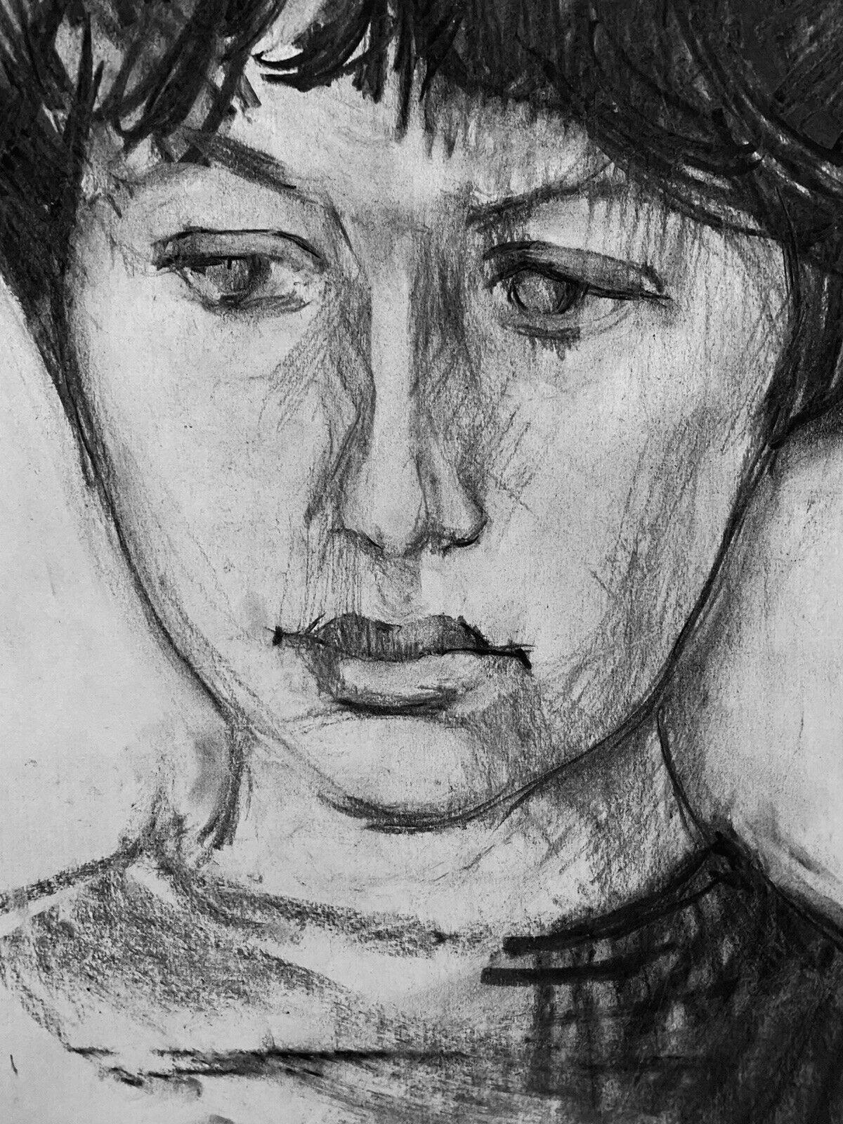 CLAUDE LAGOUCHE (1943-2020) ORIGINAL 1960s FRENCH CHARCOAL DRAWING - PORTRAIT - Portrait Painting Grigio di Claude Lagouche