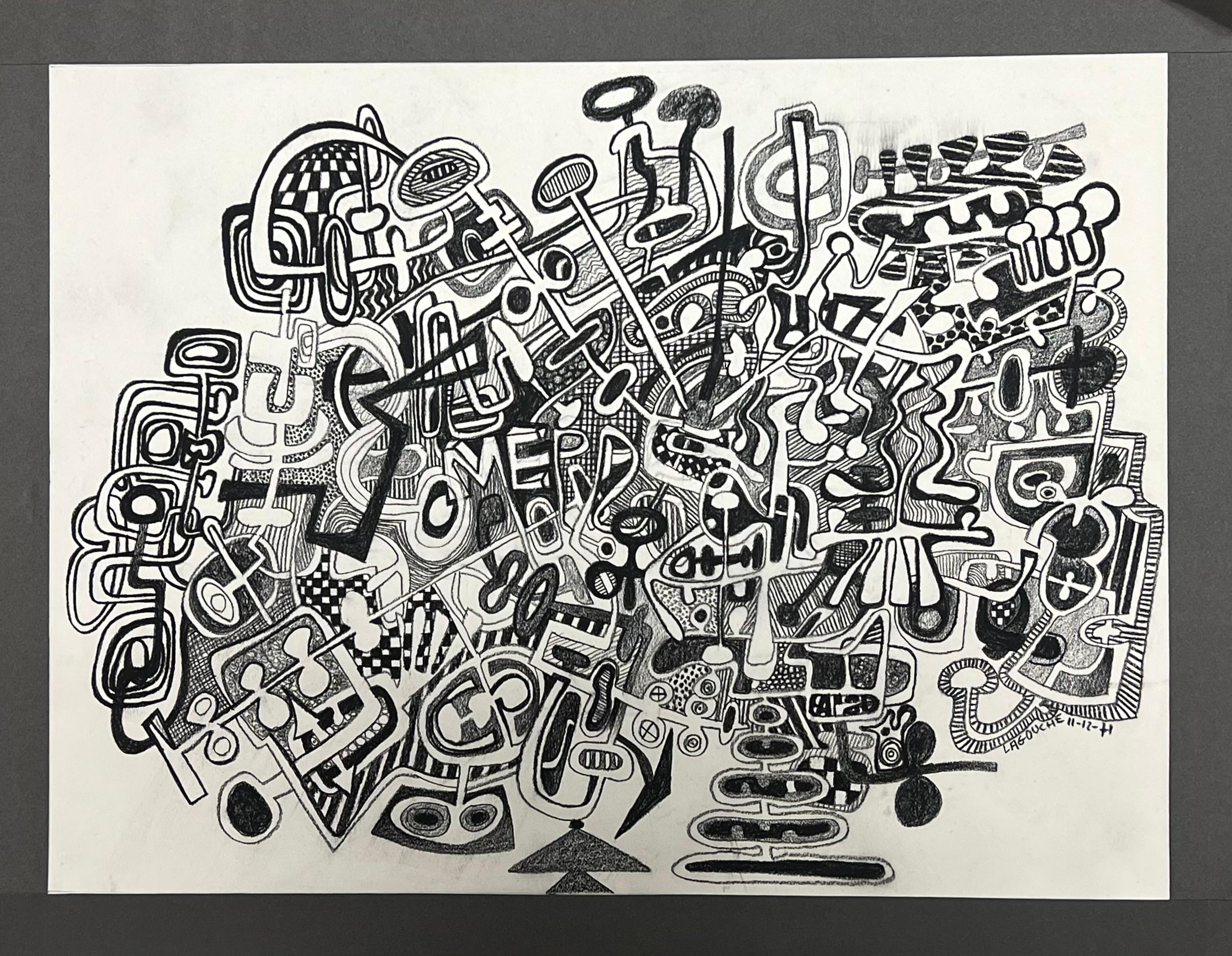Original 1970's French Abstract Composition with Dense Geometric Patterns - Art by Claude Lagouche