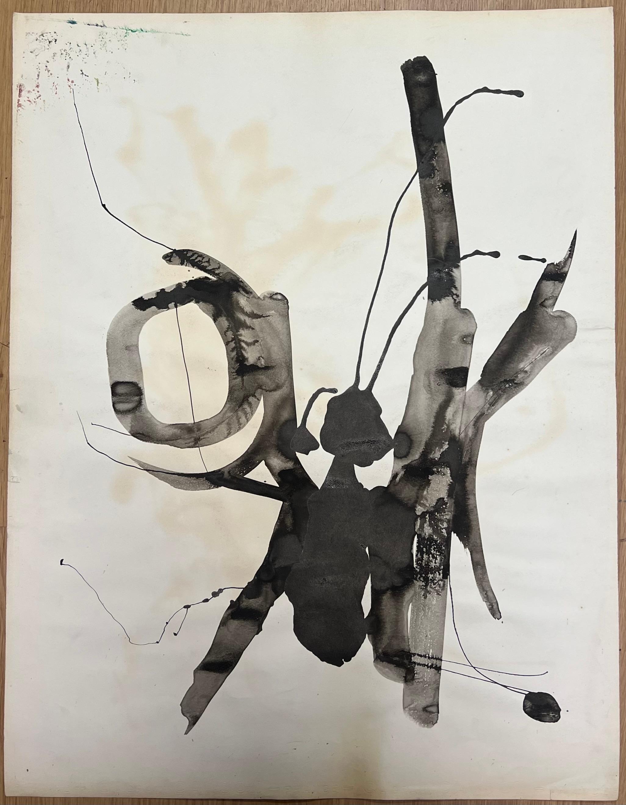 Pittura astratta a inchiostro originale francese degli anni '70, in bianco e nero - Art di Claude Lagouche