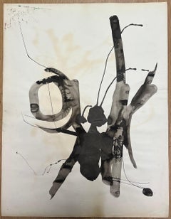 Original 1970's French Abstract Ink Painting Black and White