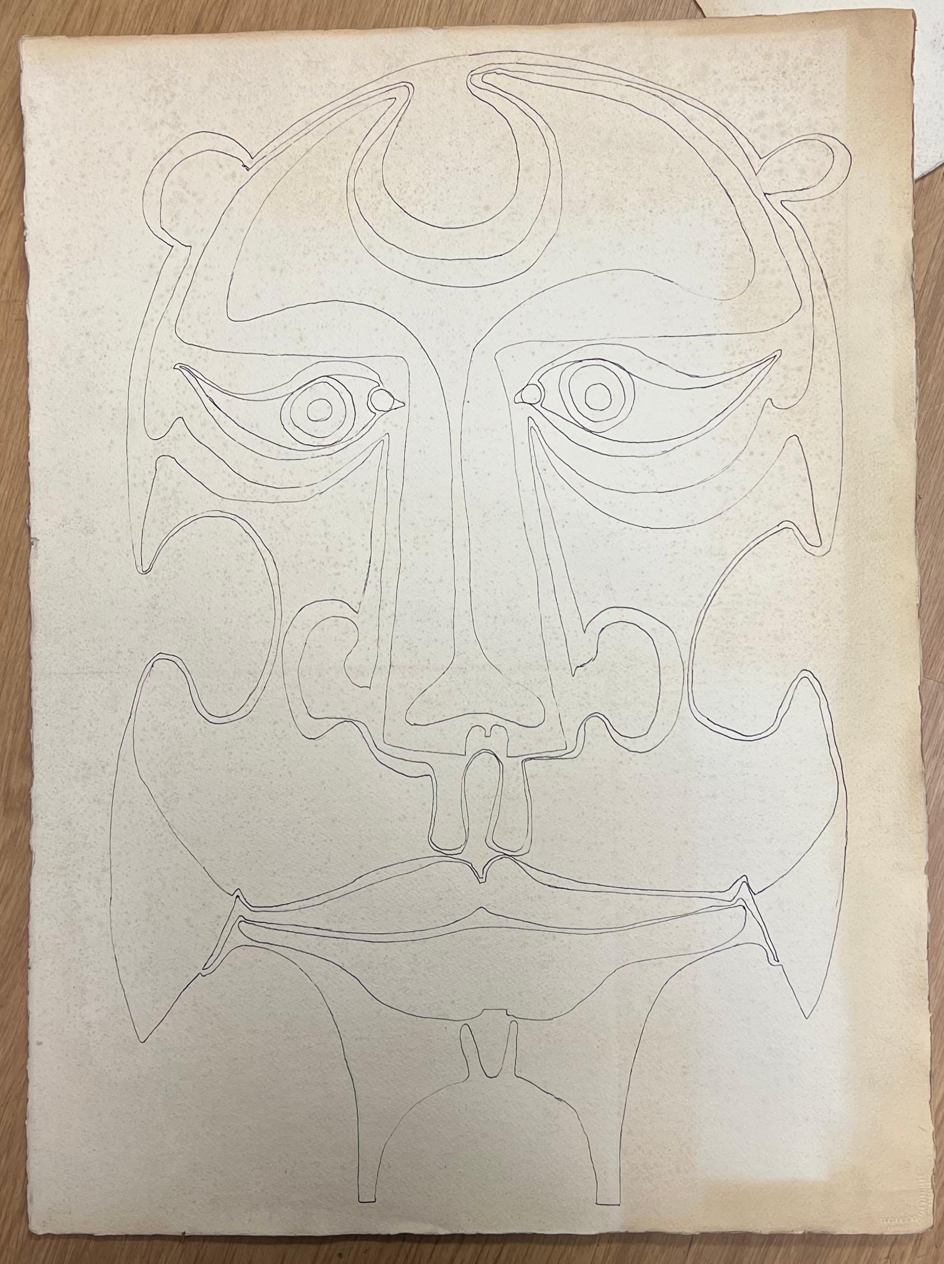 Original 1970's French Abstract Line Drawing of a Mask-like Face - Painting by Claude Lagouche