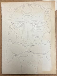 Dibujo lineal abstracto francés original de los años 70 de un rostro en forma de máscara
