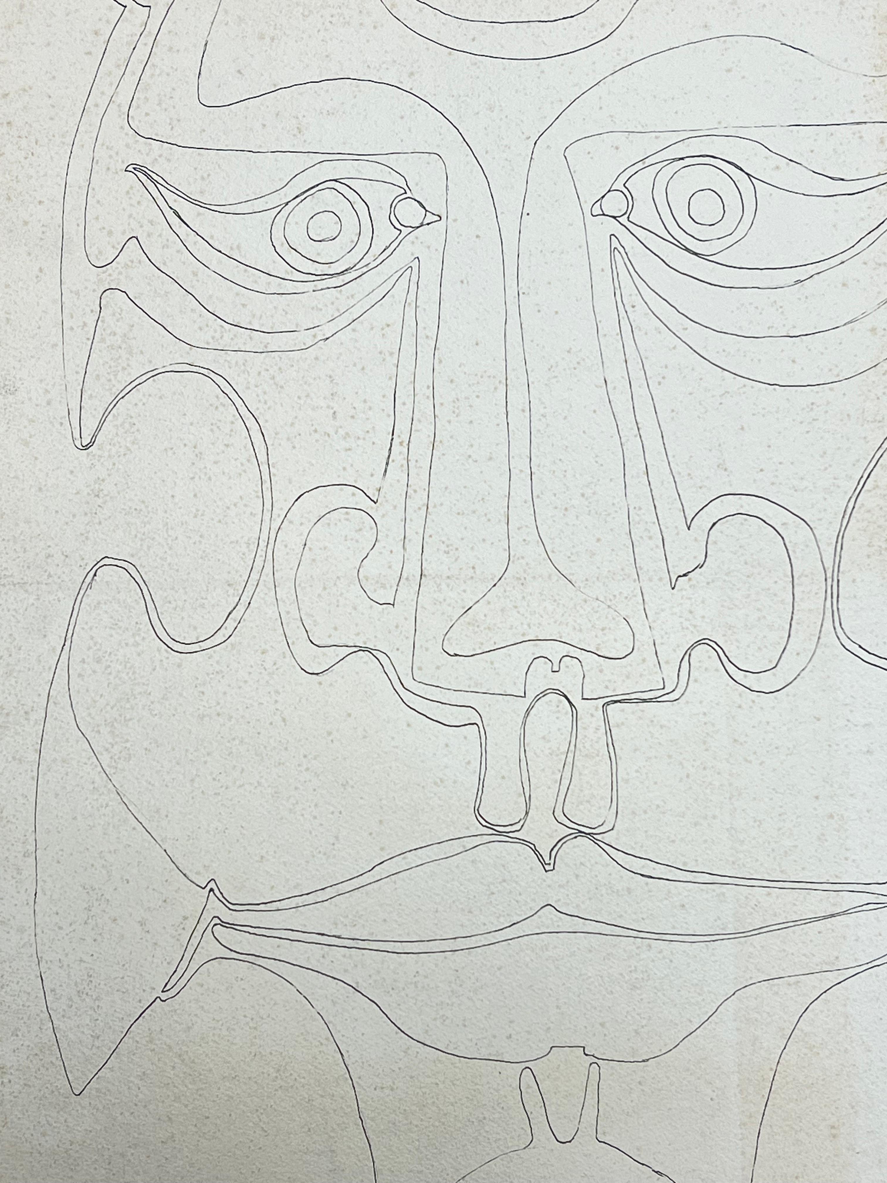 Original 1970's French Abstract Line Drawing of a Mask-like Face For Sale 1