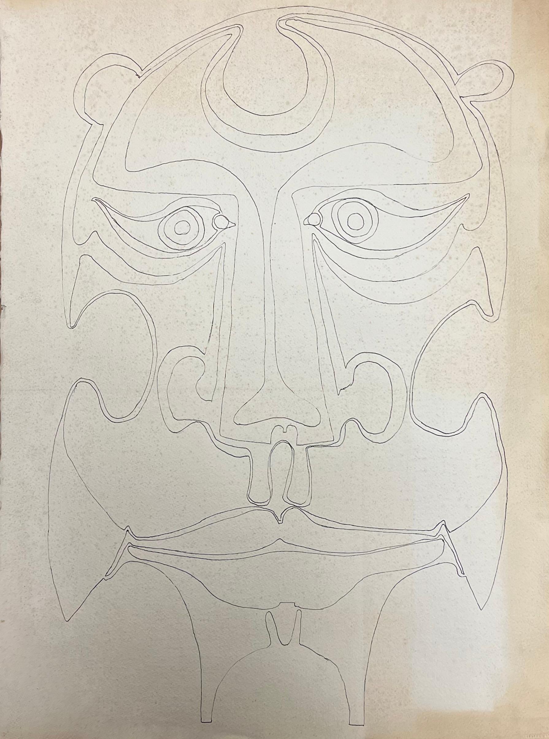 Original 1970er Jahre Französisch abstrakte Strichzeichnung eines maskenhaften Gesicht