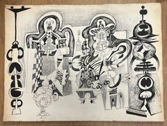 Paisaje surrealista abstracto francés original de los años 70 con figuras geométricas