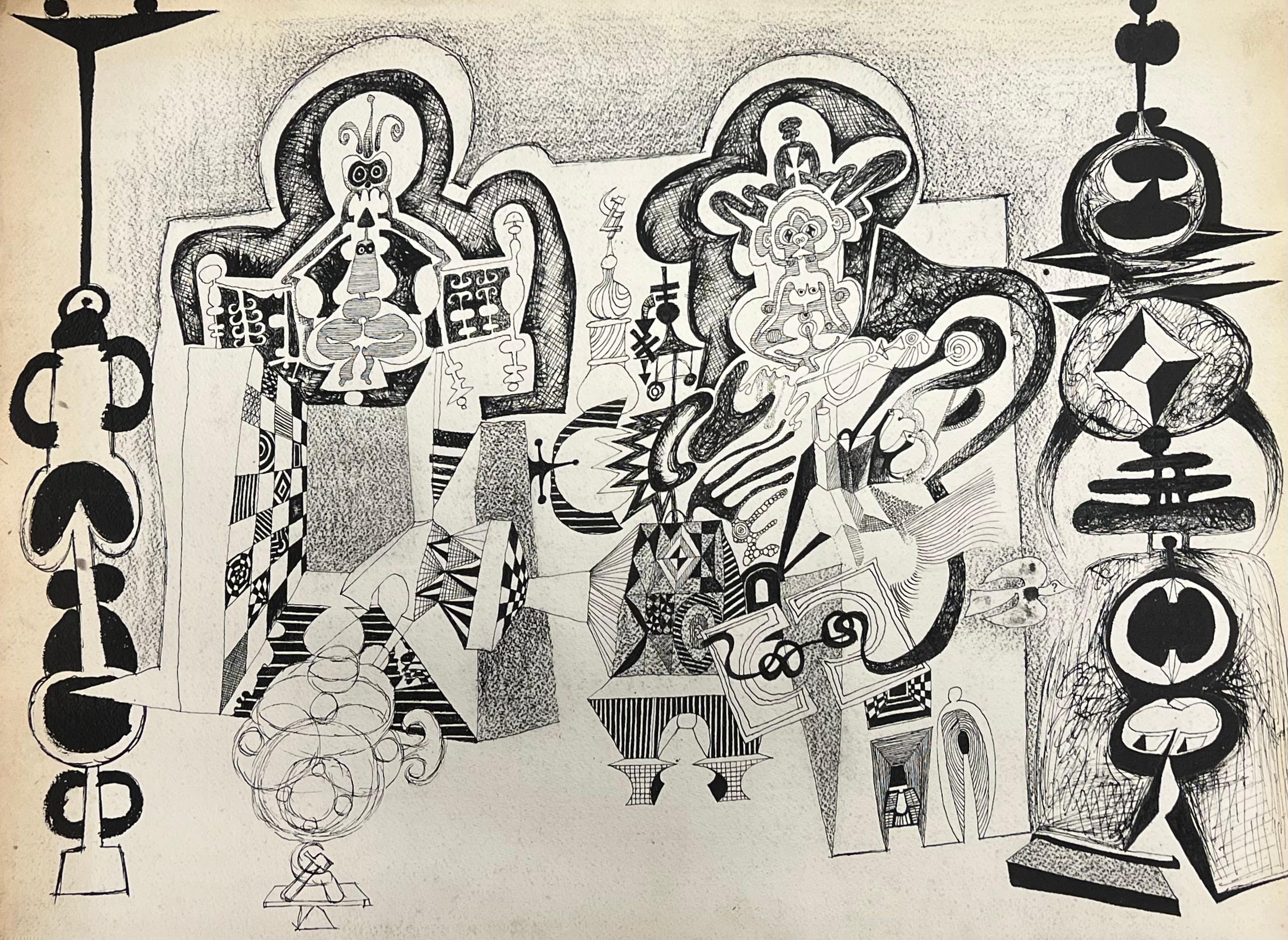 Original 1970er Jahre Französisch abstrakte surreale Landschaft mit geometrischen Figuren