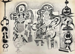 Original 1970er Jahre Französisch abstrakte surreale Landschaft mit geometrischen Figuren