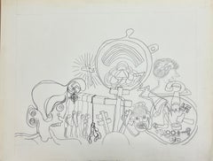 Mid-20th Century Abstract Pencil Drawing on Paper, Unframed